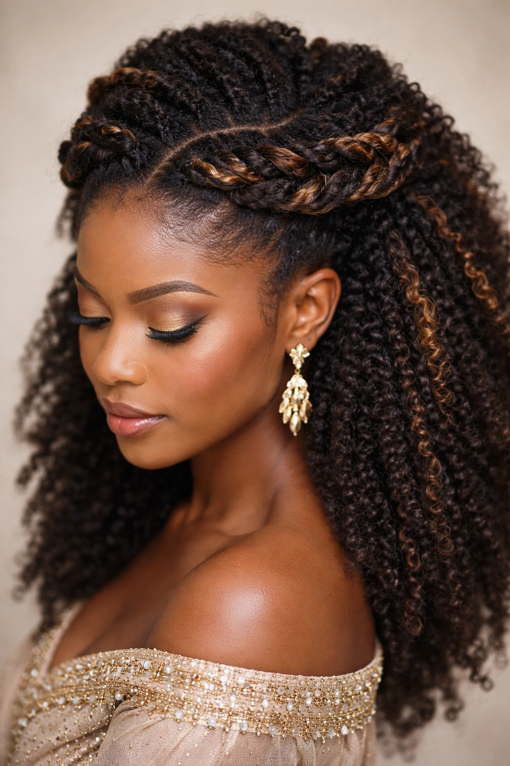 Afro-textured crown twists with highlights forming a sculptural crown