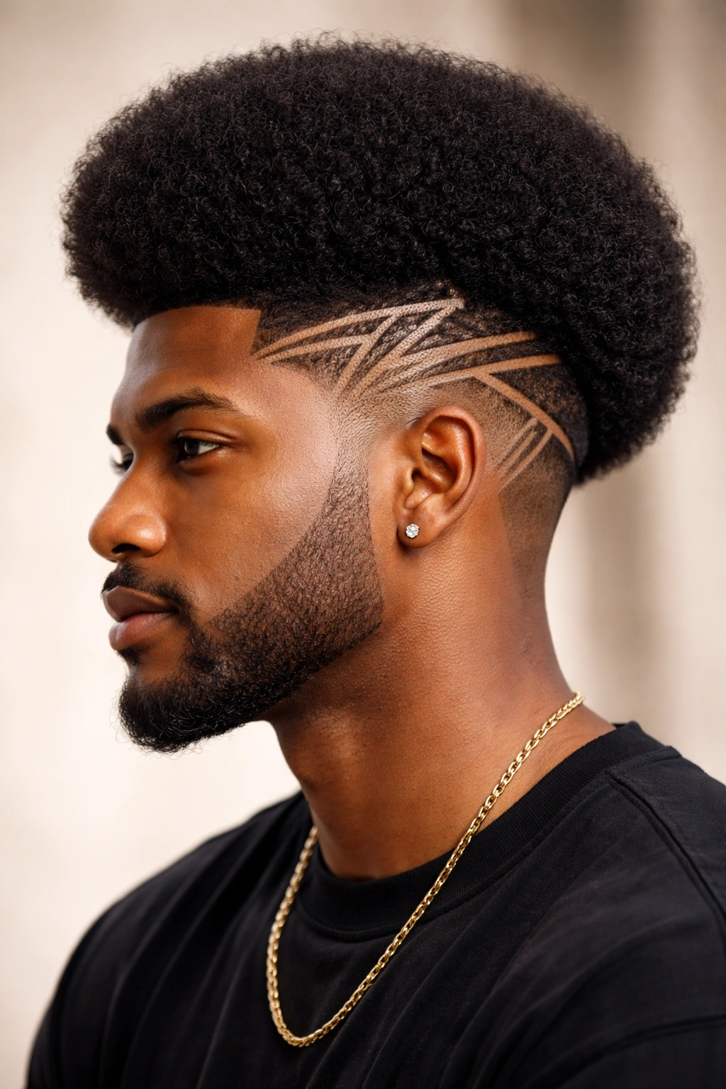 Afro with fade and geometric design patterns on the shaved sides