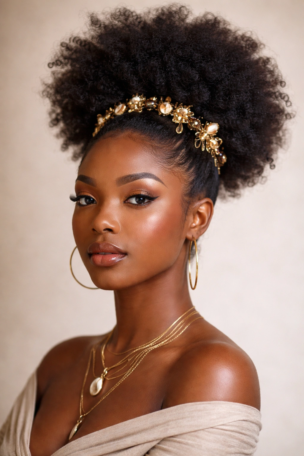 Natural afro puff with decorative clips on crown