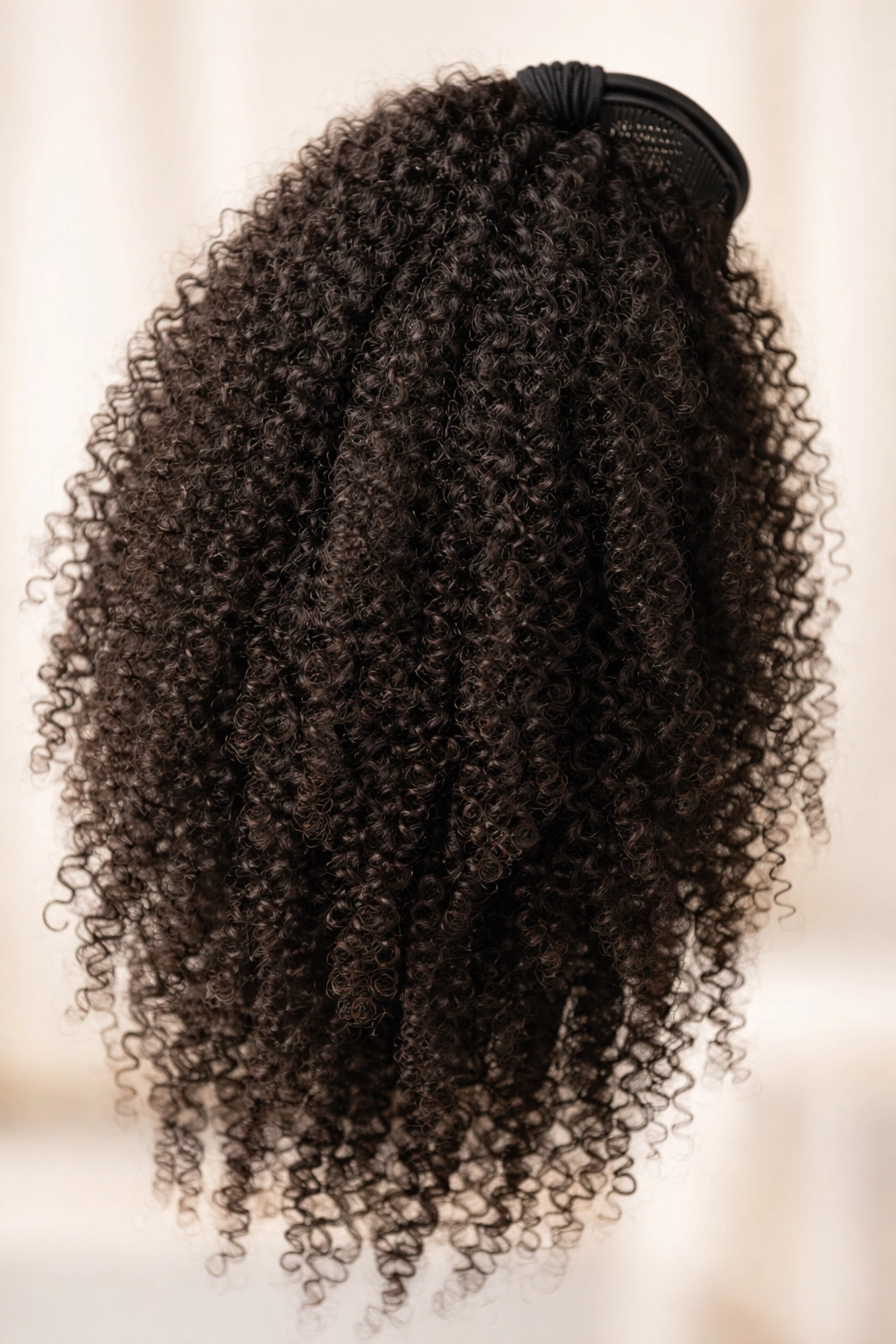 Close-up of afro-textured ponytail extension showing tight coils