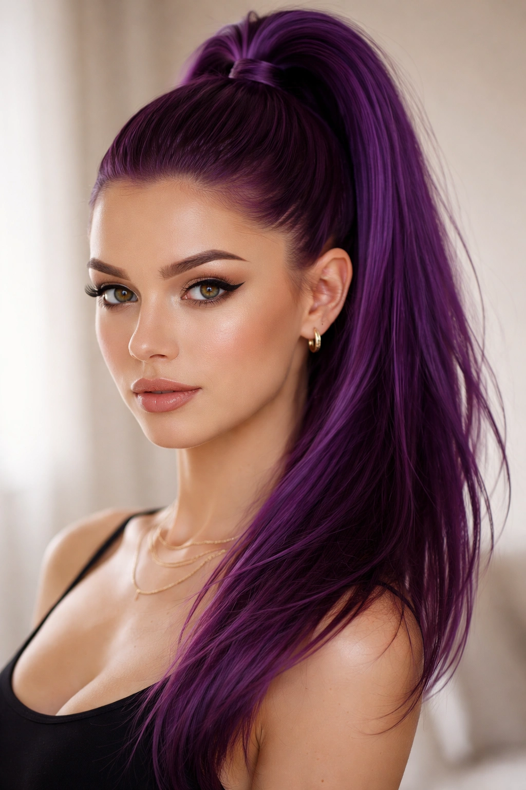 Close-up of a high crown ponytail in deep amethyst purple, polished and sleek