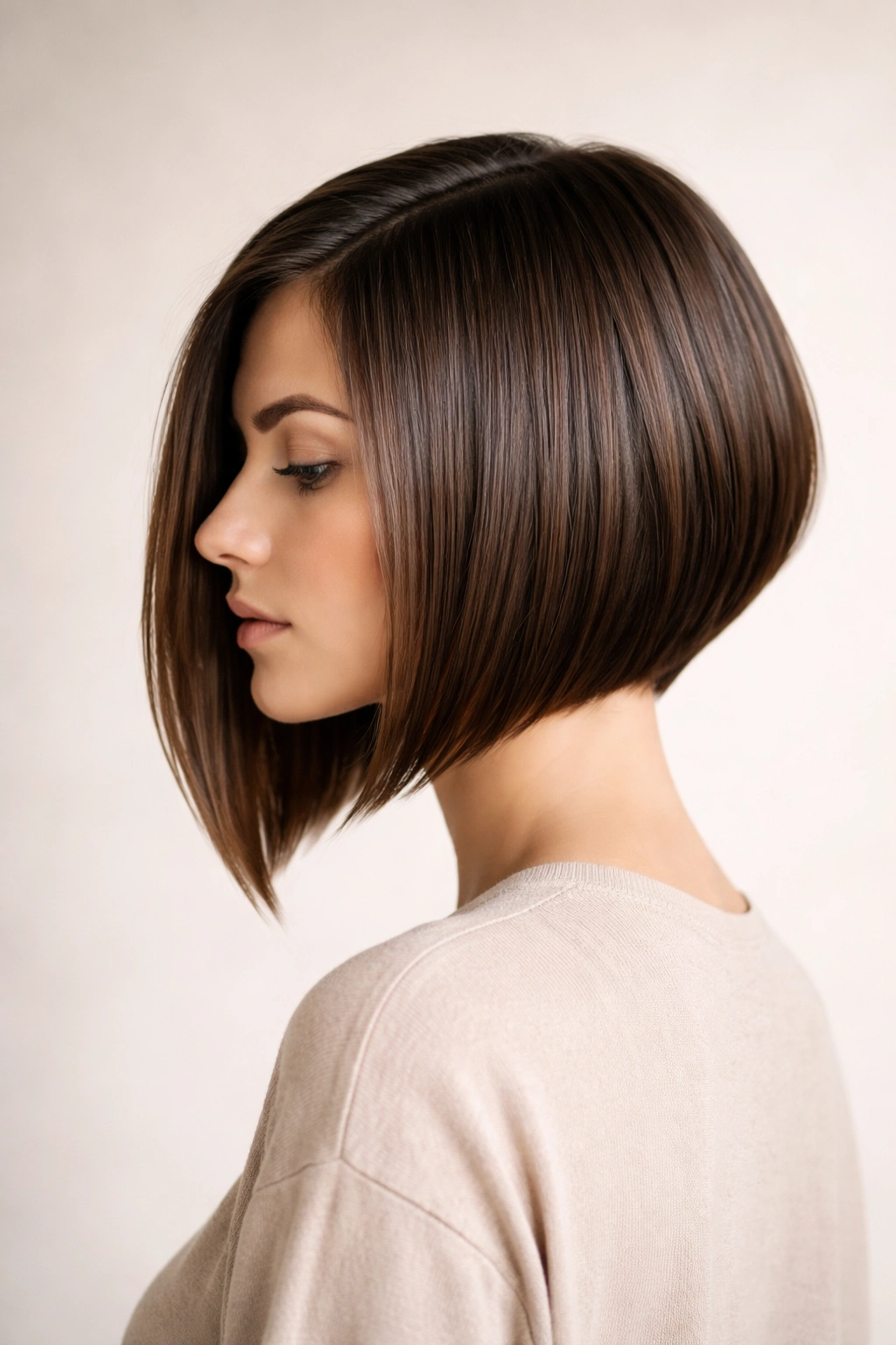 Three-quarter view of an angled bob with a longer front and shorter back.