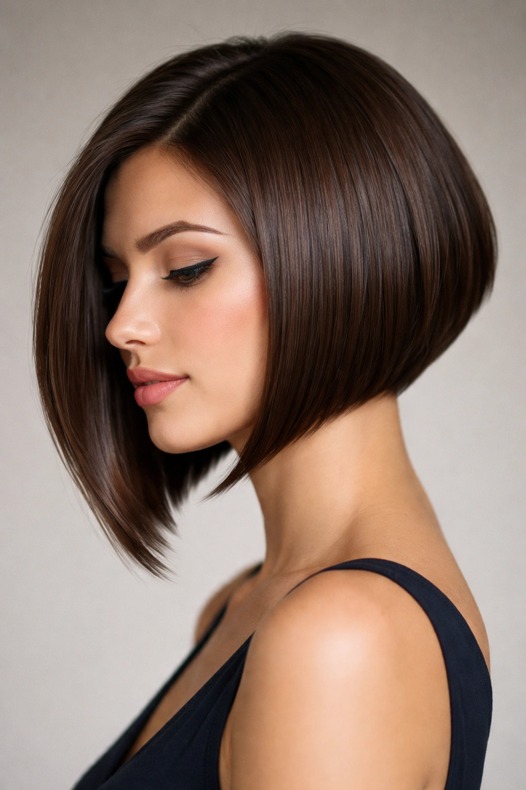 Close-up portrait of an angled bob showing diagonal line from back to front