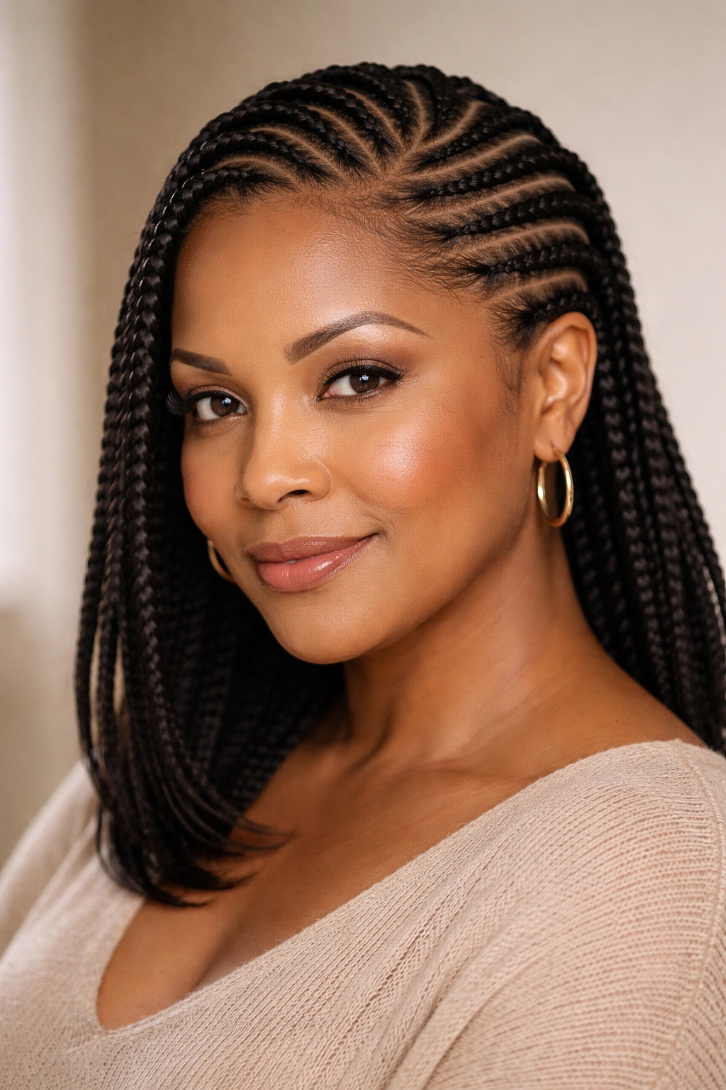Diagonal angled cornrows framing the face with diagonal lines