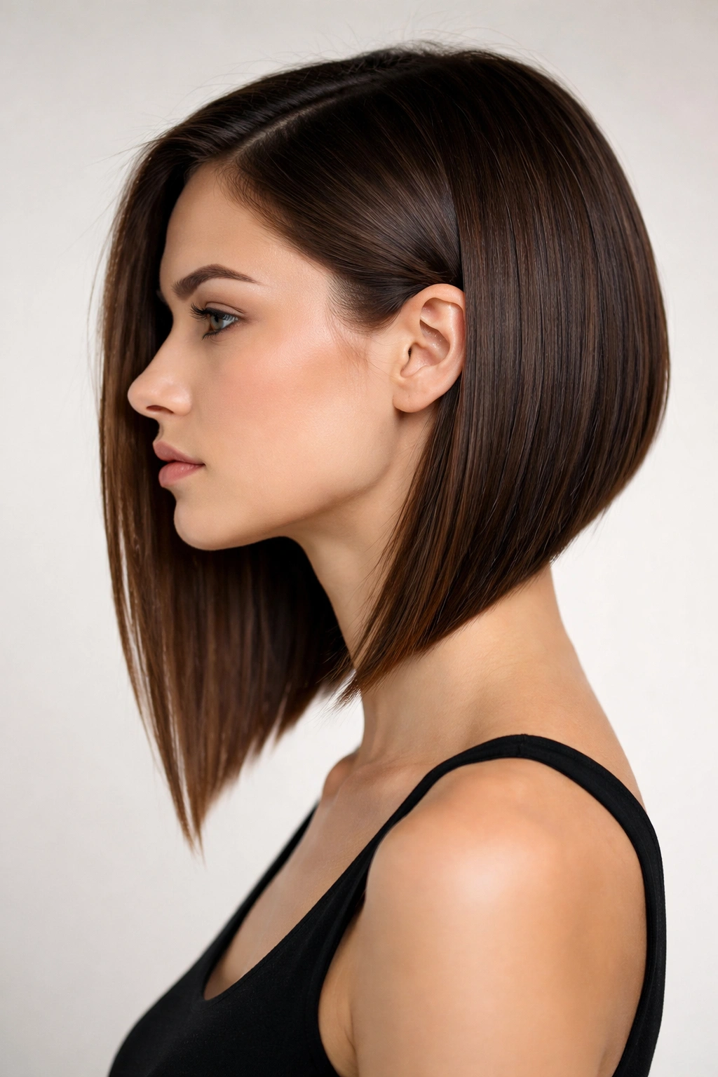 Profile view of angled lob on straight hair with bold diagonal line