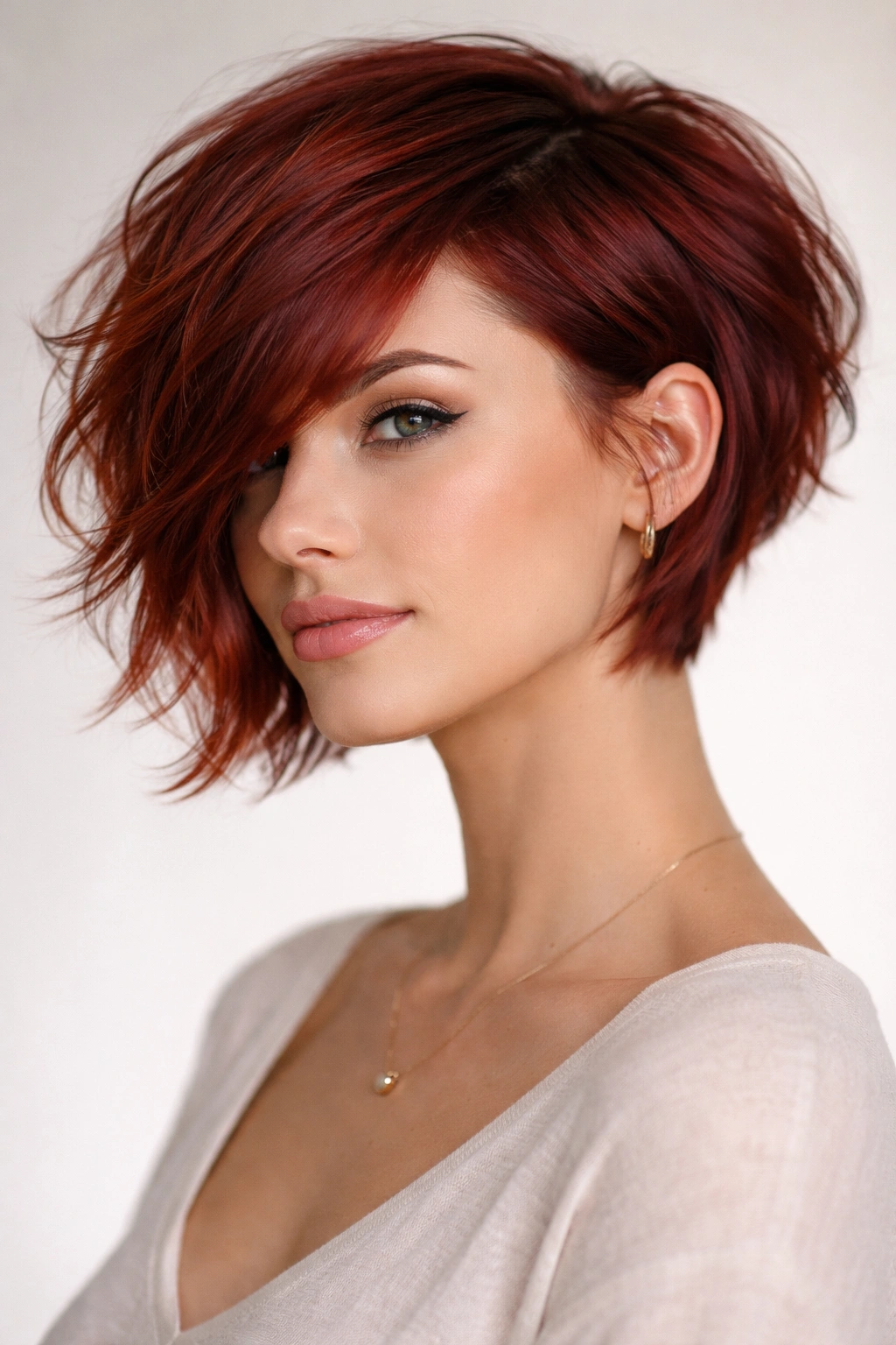 Angled pixie bob with dramatic side bangs in red hair