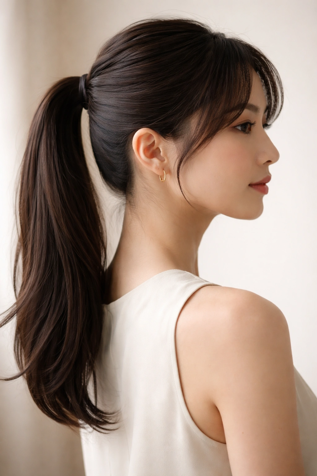 Ponytail with angled sides framing the face