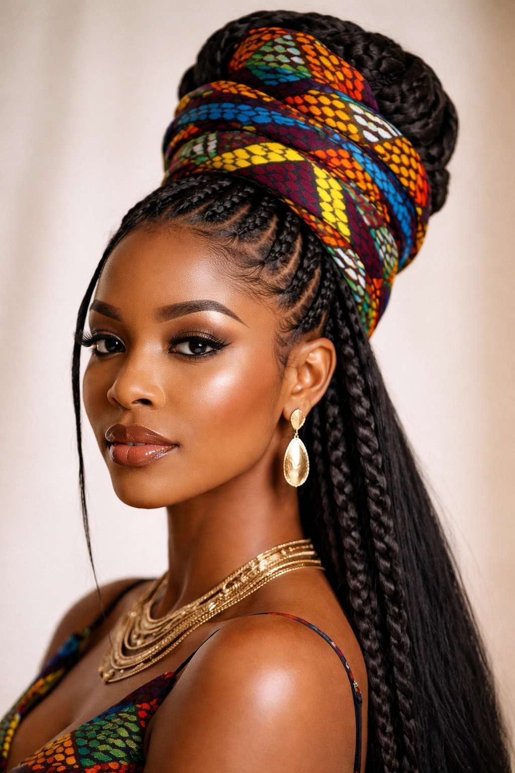 Close-up of a model with Ankara fabric-wrapped high bun and braided framing.