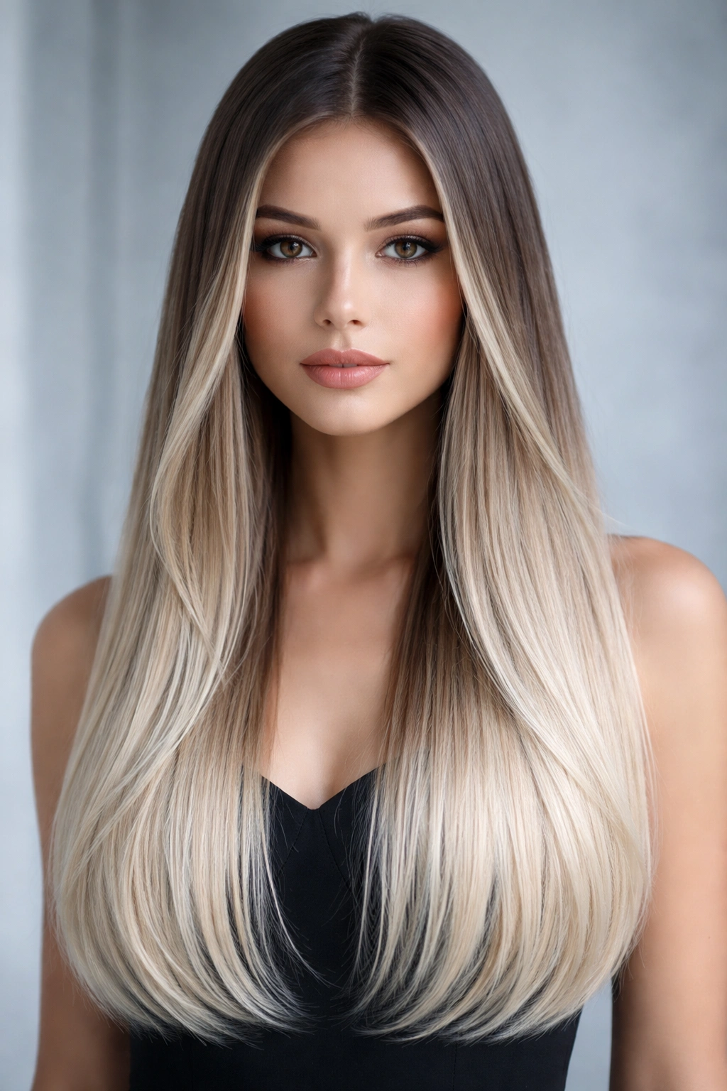 Close-up of straight hair with ash blonde ombre from dark to platinum ends