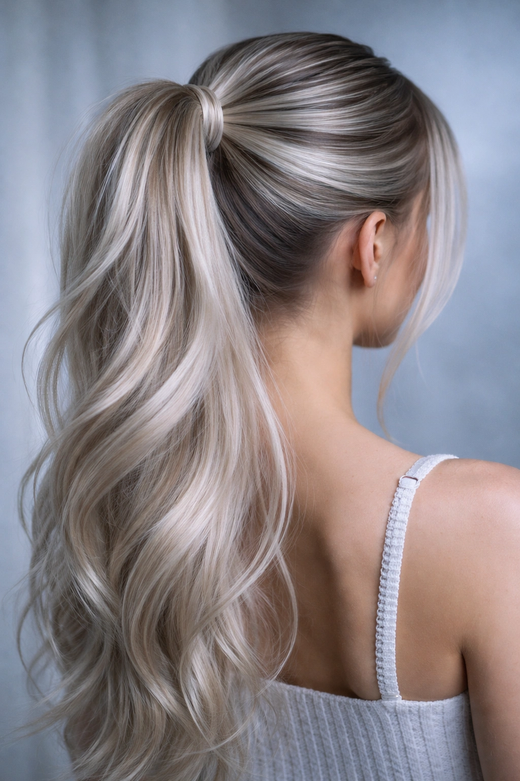 Ponytail with pearl and ash blonde highlights on a cool base for an icy look