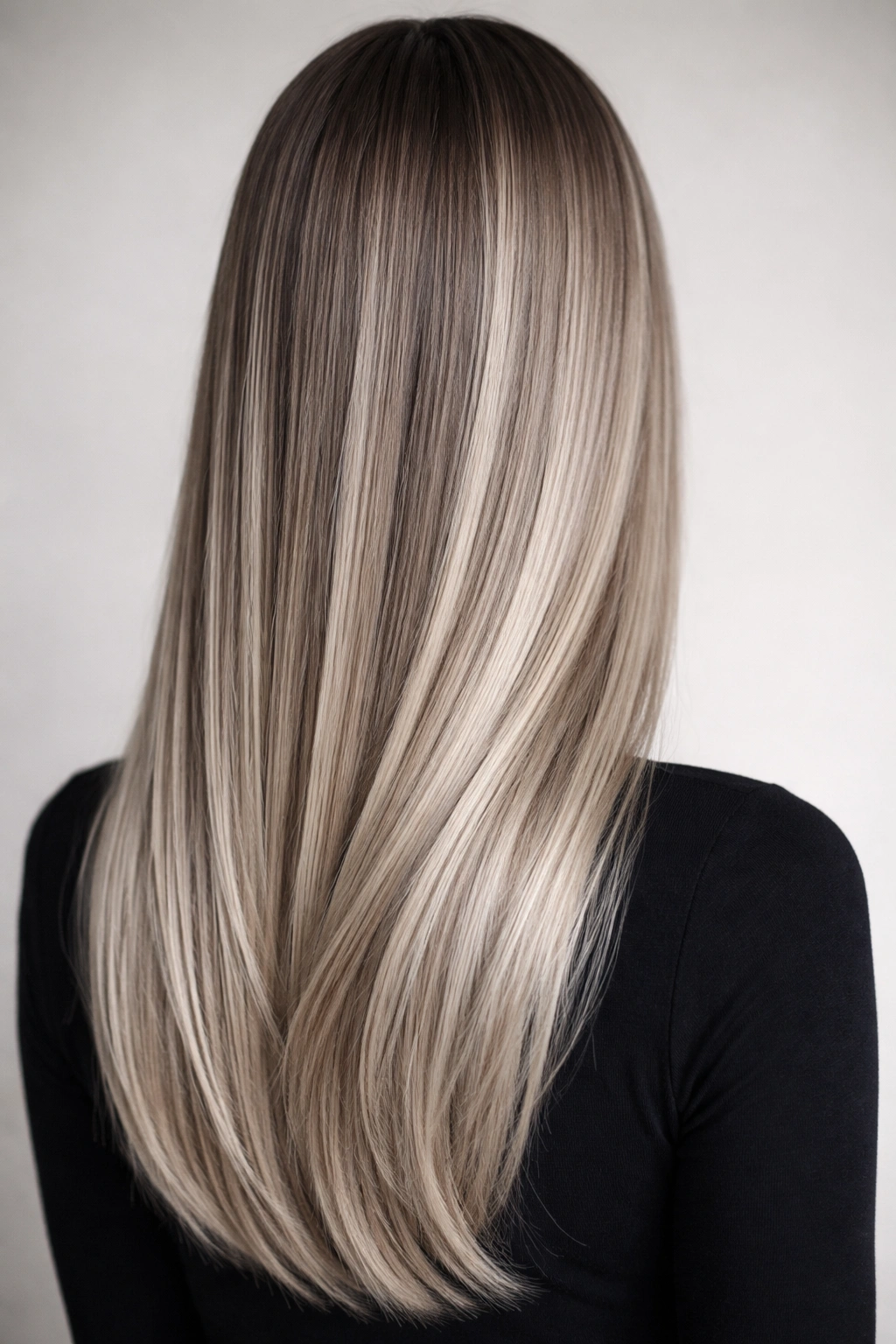 Cool-toned ash blonde balayage on straight hair with crisp color.