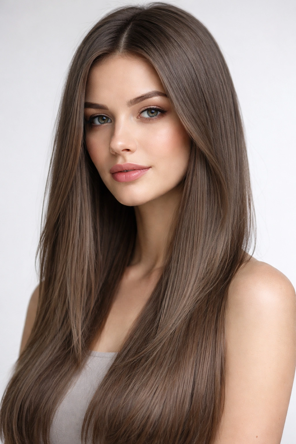 Portrait of straight hair in ash brown with cool undertones.