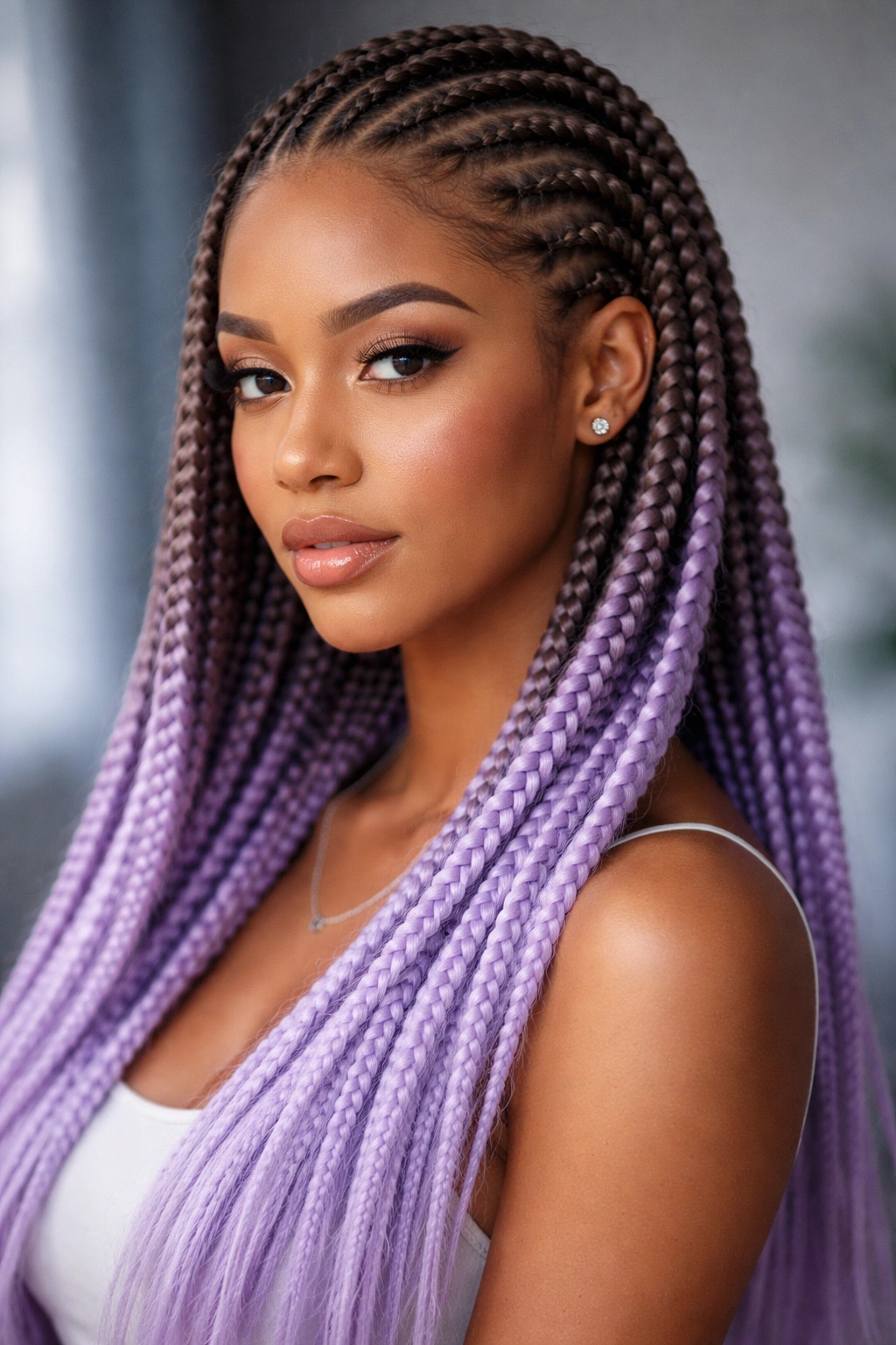 Close-up of ash brown to lavender feed-in cornrows in cool-toned ombre