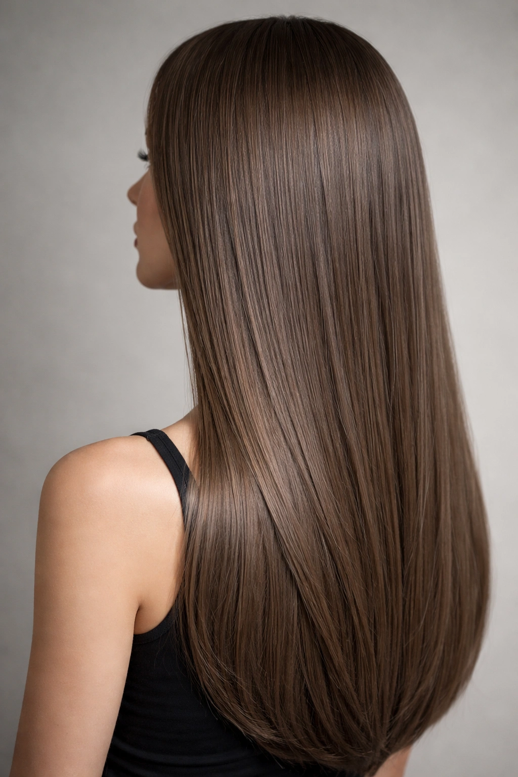 Close-up of straight hair in ash brown with cool taupe undertones.