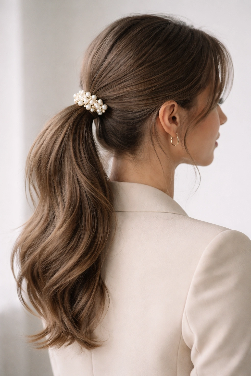 Ash brown ponytail with pearl clip accessory
