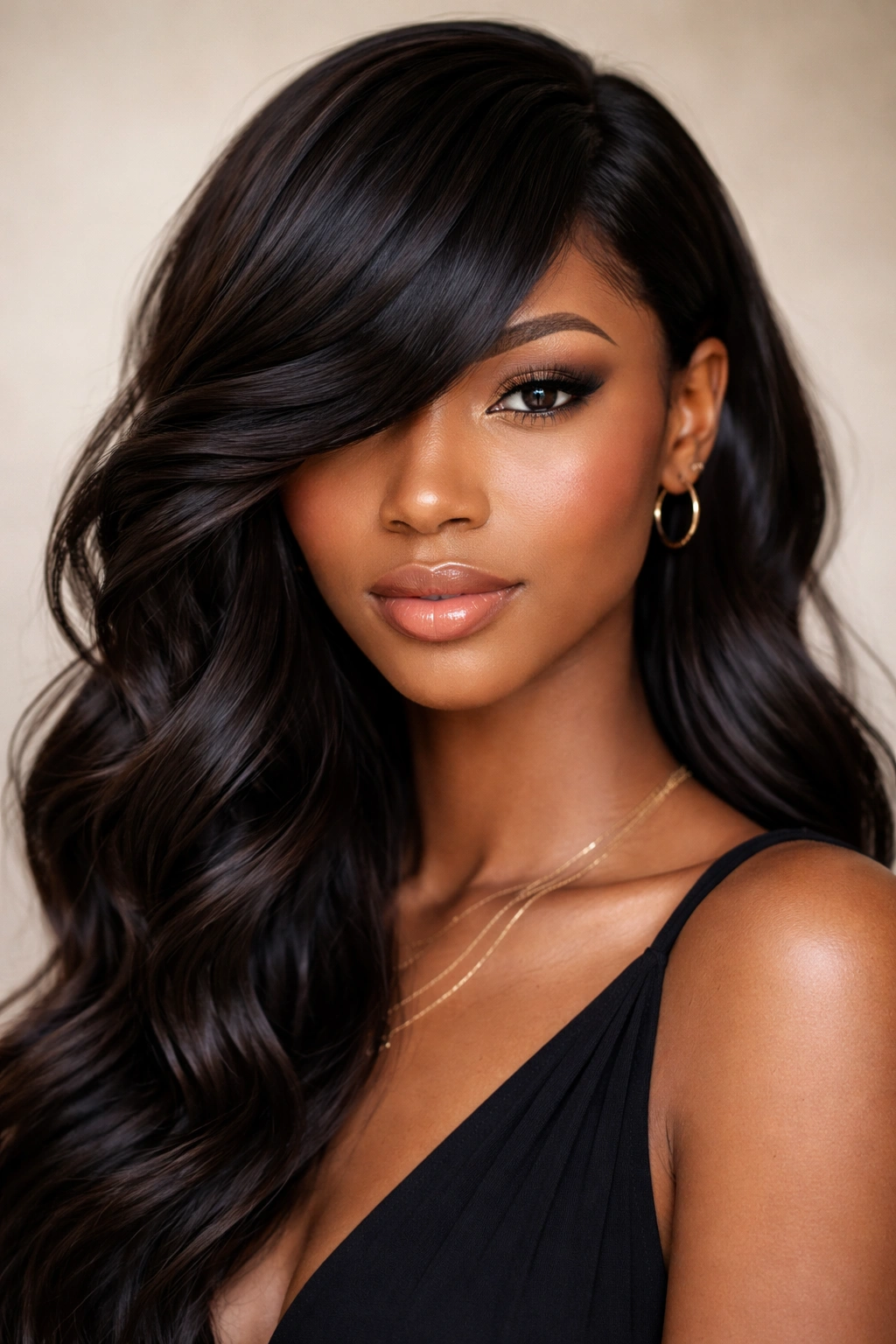 Asymmetrical bangs with diagonal waves on Black hair