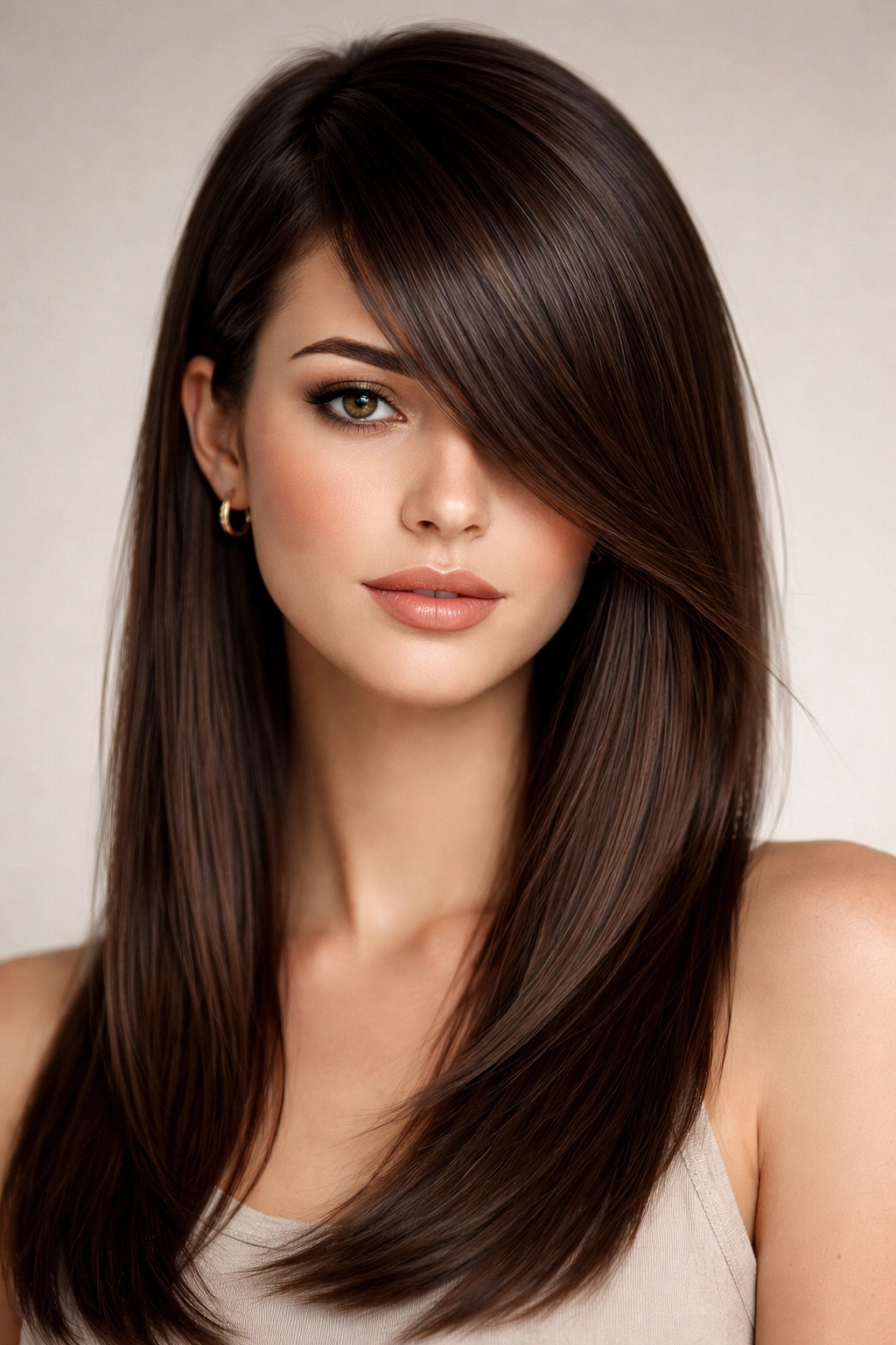 Close-up portrait of a person with asymmetrical side bangs on straight hair, one side shorter.