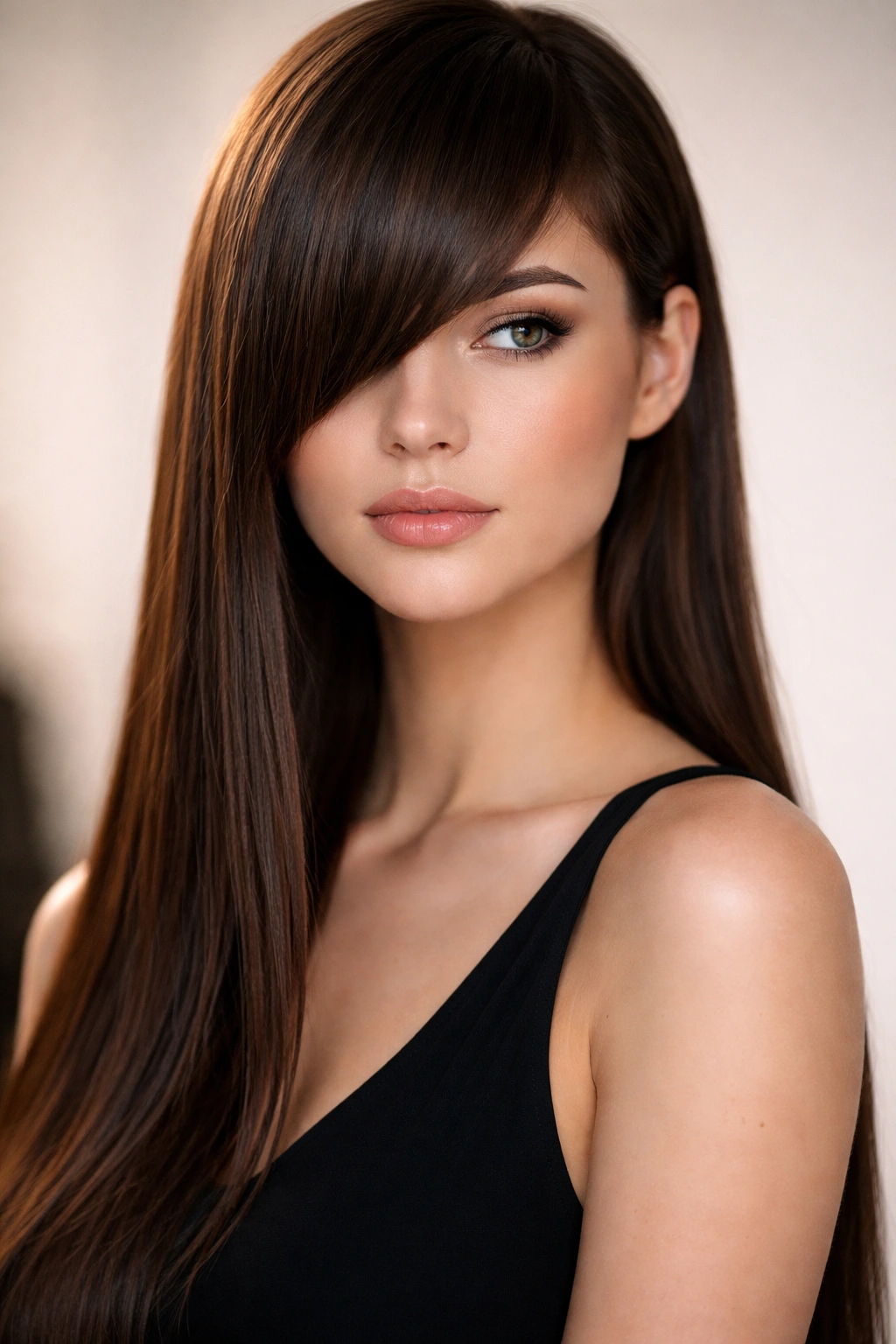 Portrait featuring an asymmetrical bangs with one side longer on straight hair