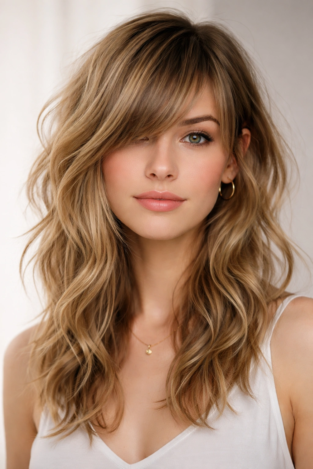 Asymmetrical bangs with uneven layers framing the face