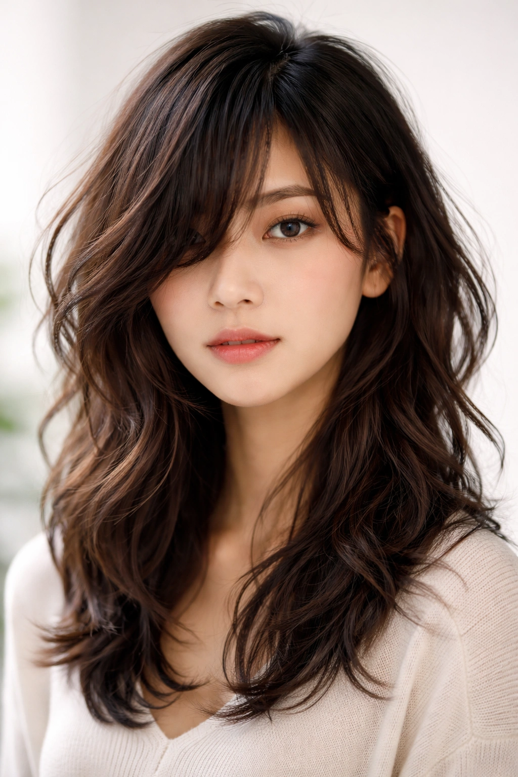 Portrait of a person with asymmetrical bangs and uneven layers on wavy hair