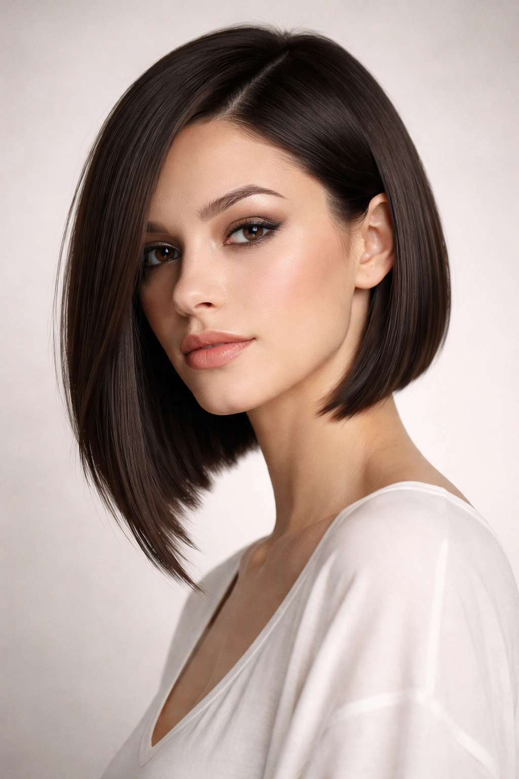 Asymmetrical bob with one side longer, creating a bold diagonal silhouette.