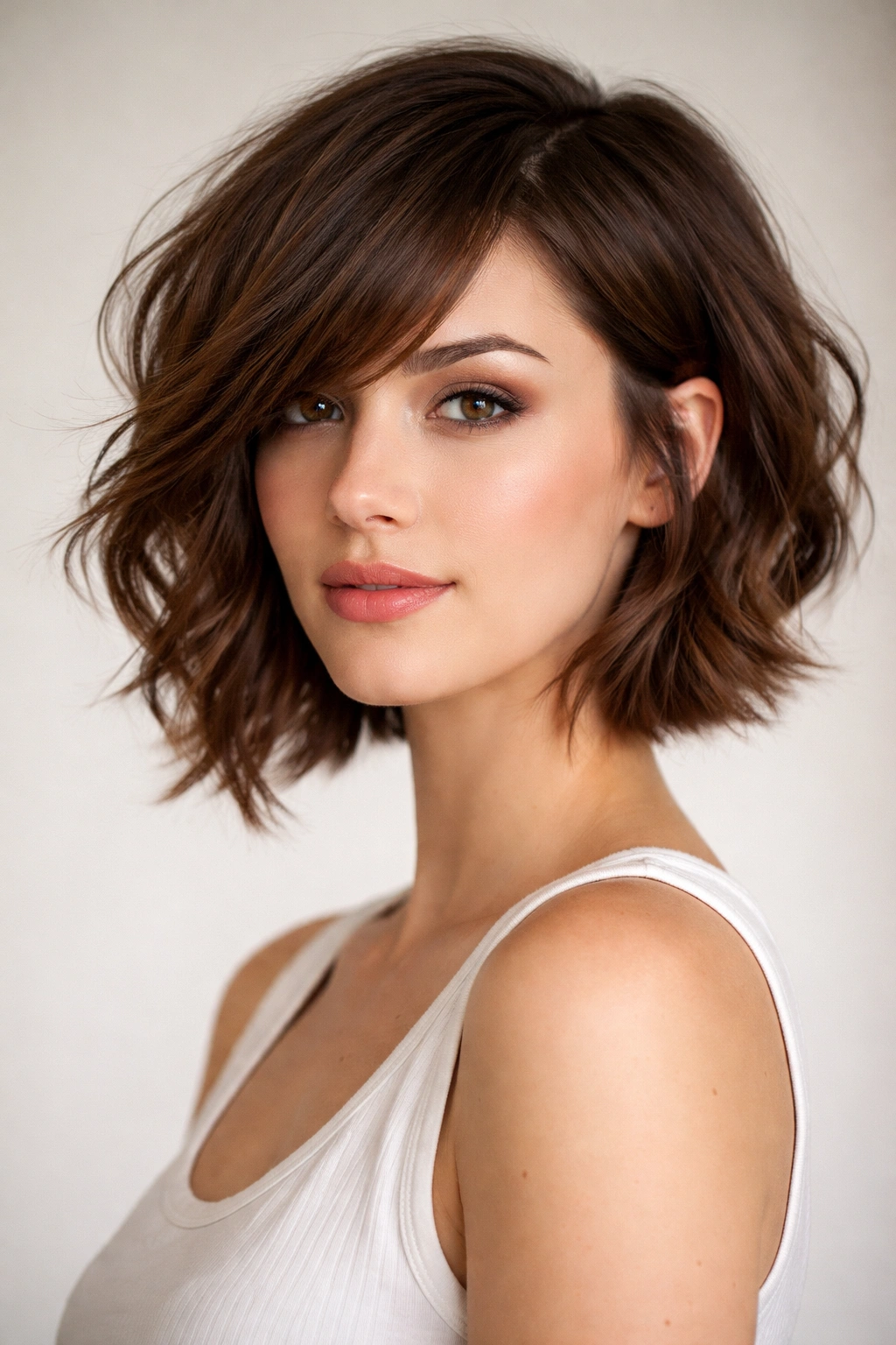 Close-up of asymmetrical bob with side bangs on brown wavy hair in studio lighting