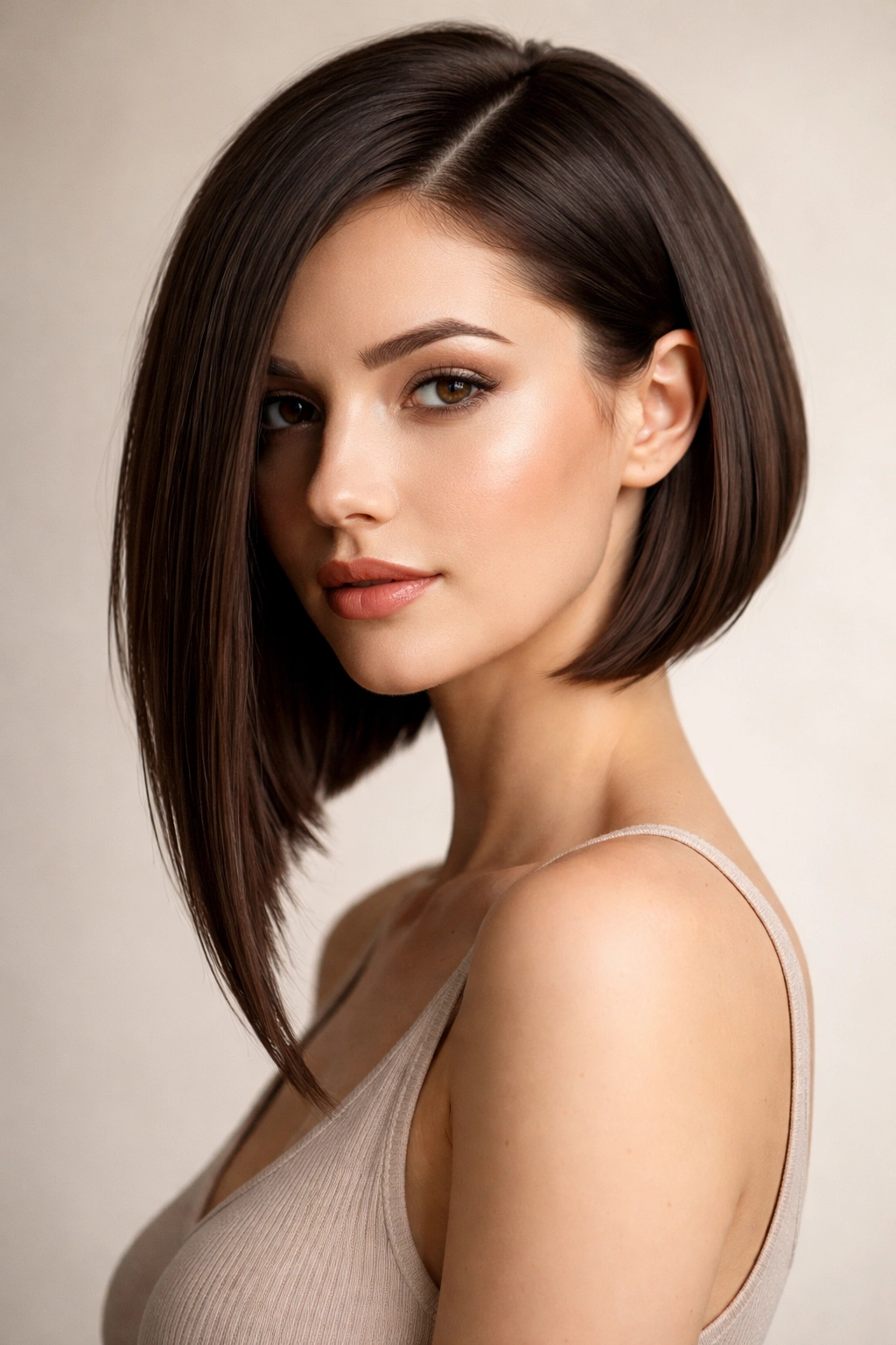 Portrait showing asymmetrical bob with longer and shorter sides