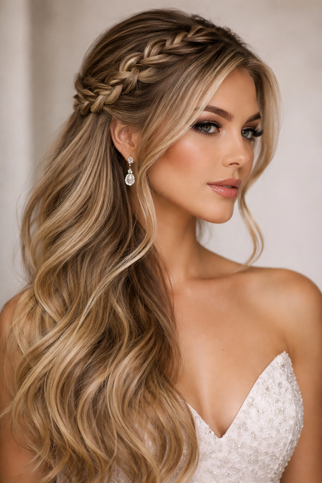 Asymmetrical side-swept braid half-up with loose waves for modern formal look