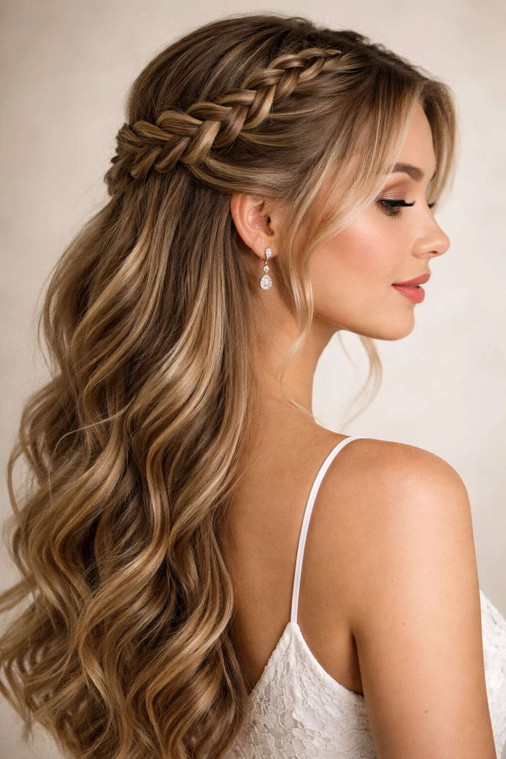 Close-up of a person with an asymmetrical Dutch braid half-up prom hairstyle