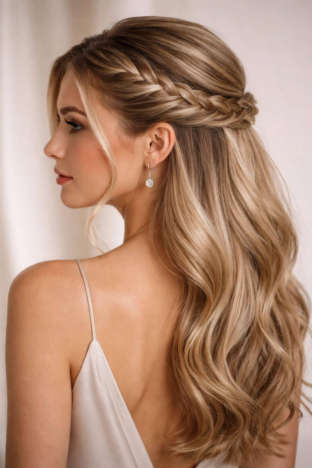 Profile view of asymmetrical braided half up with one side braided and the other smooth.