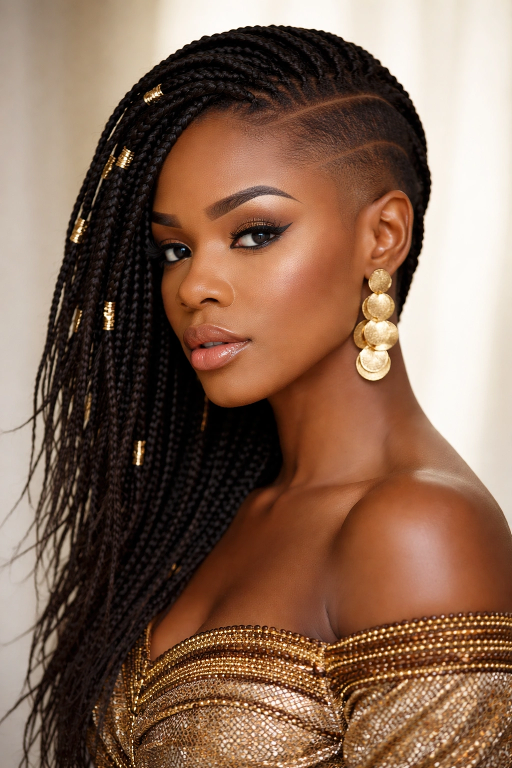 Profile/front-facing view of modern asymmetrical braids with shaved sides.