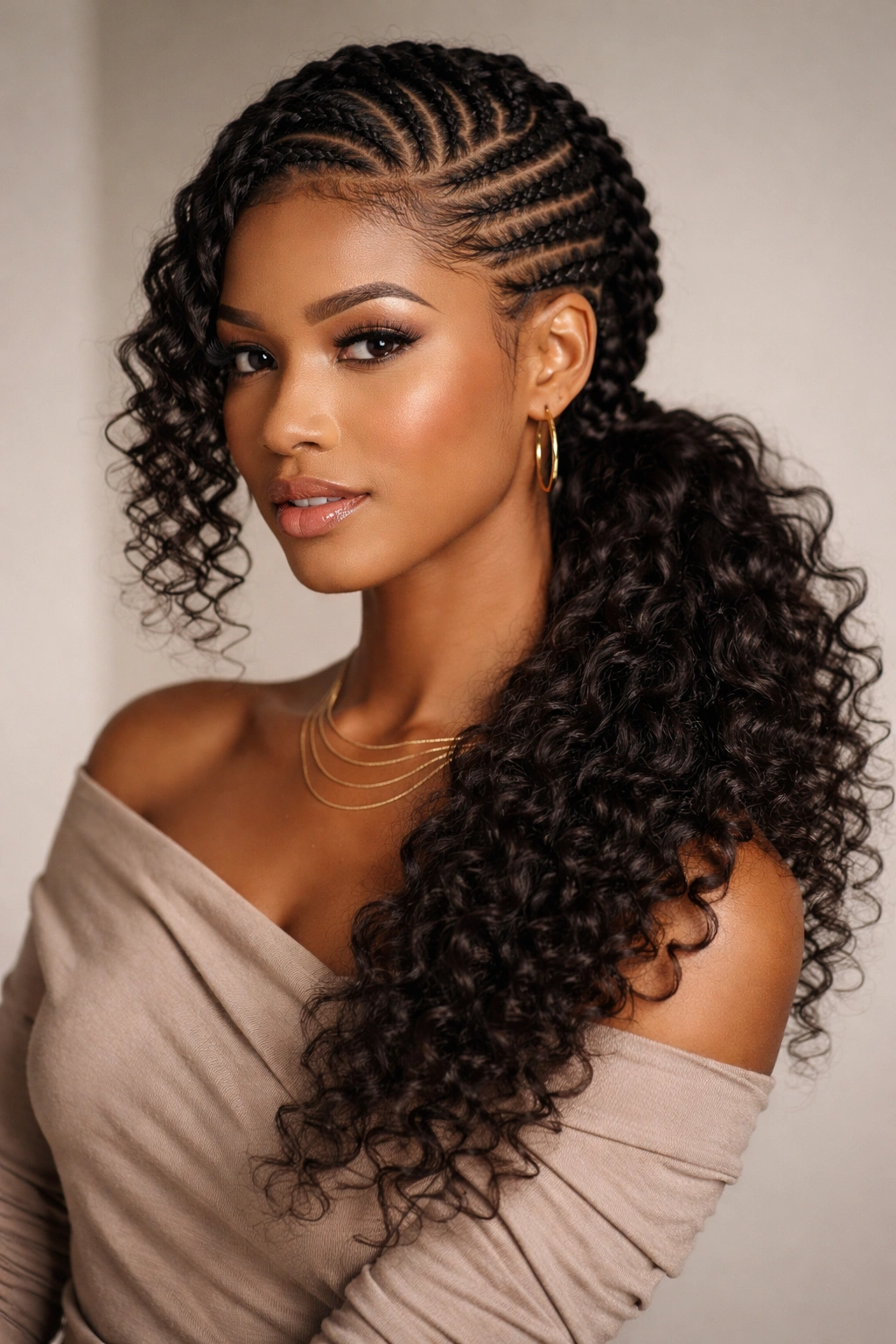 Asymmetrical feed-in braids with side-swept ponytail on curly hair