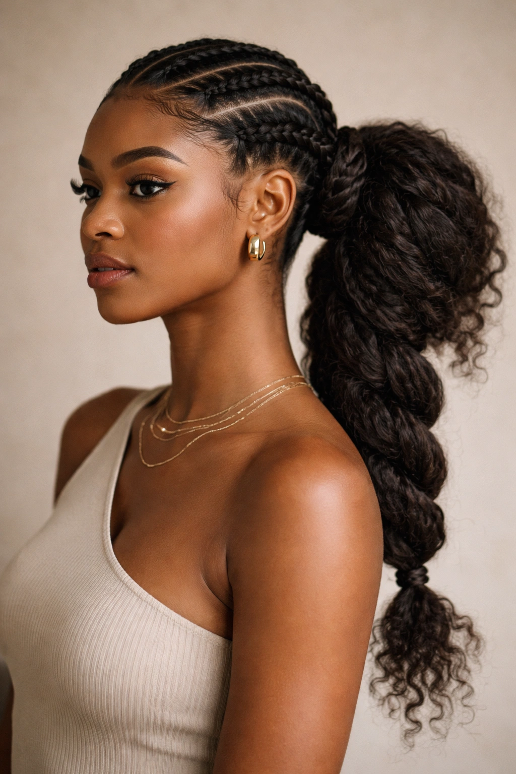 Asymmetrical double braids with side ponytail twist and puff
