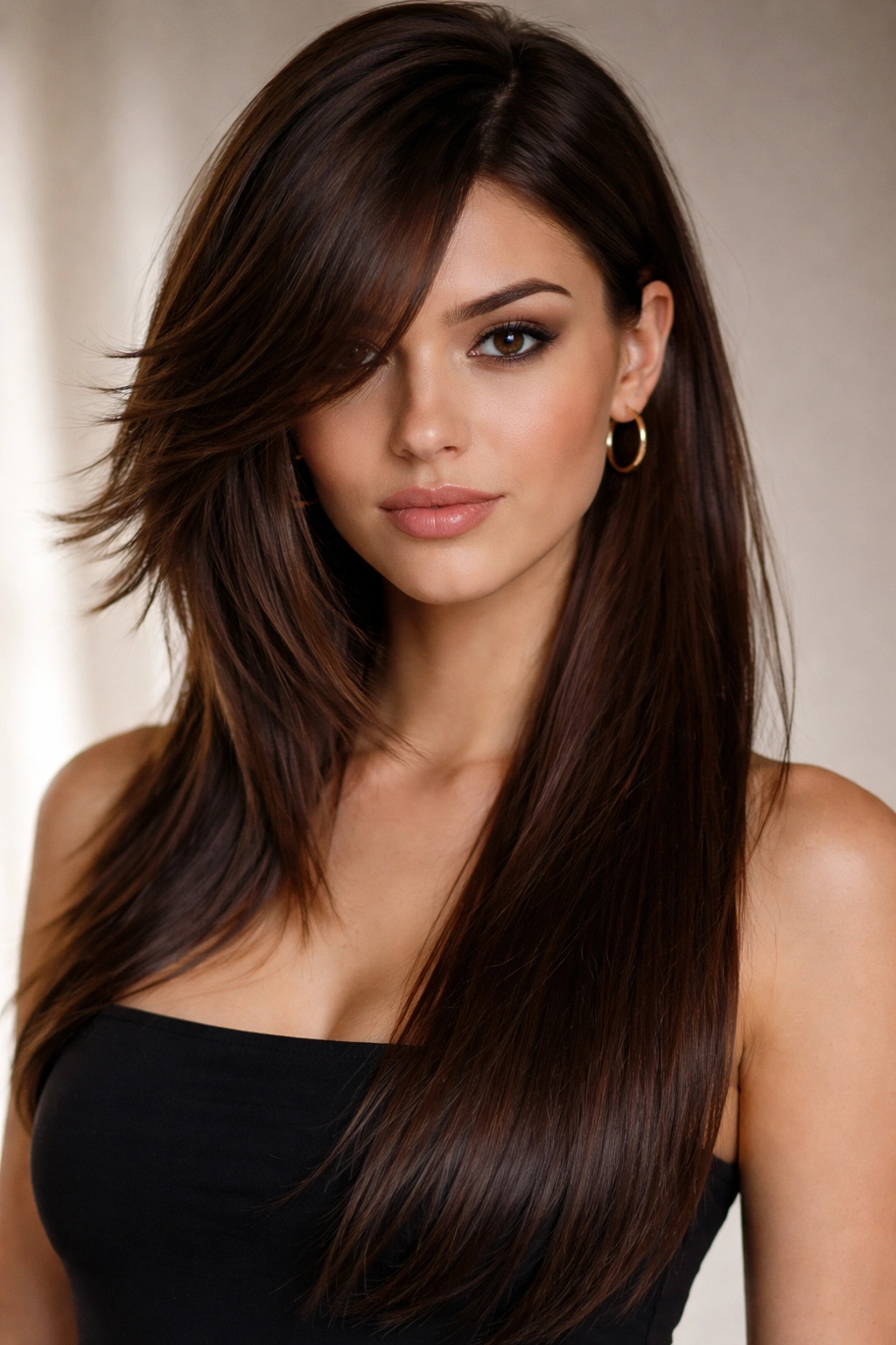 Asymmetrical butterfly cut on straight hair with one side shorter and choppier