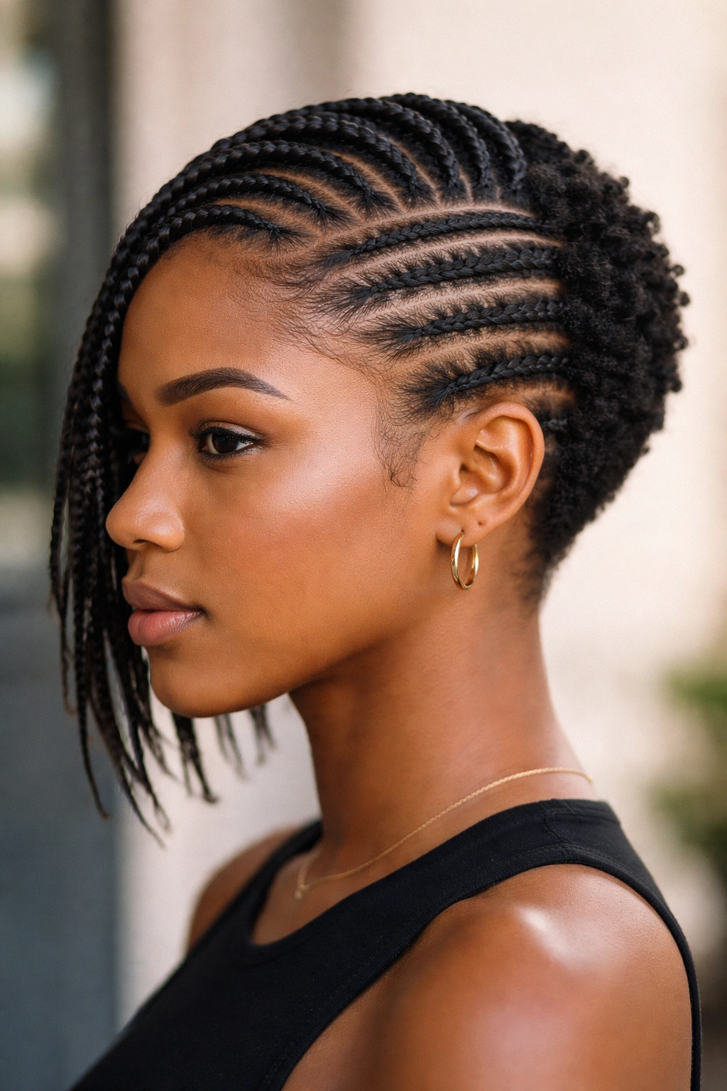 Asymmetrical feed-in cornrows with uneven density on short hair