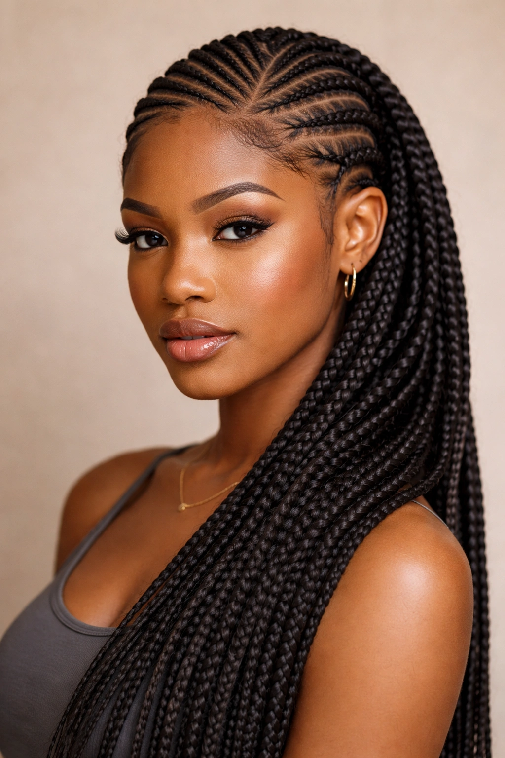 Head with asymmetrical cornrows on each side showing contrast