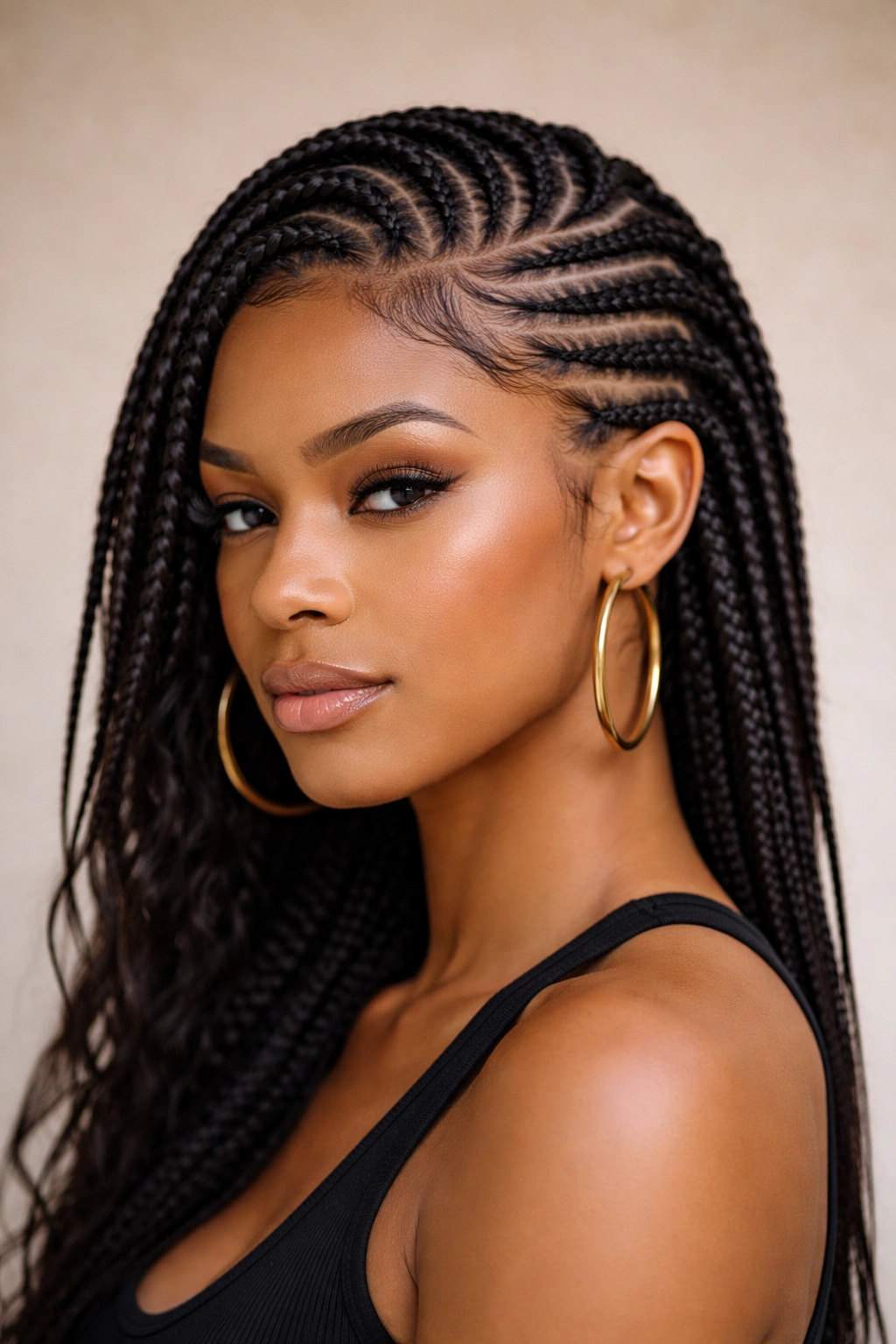 Asymmetrical feed-in cornrows with varied braid sizes