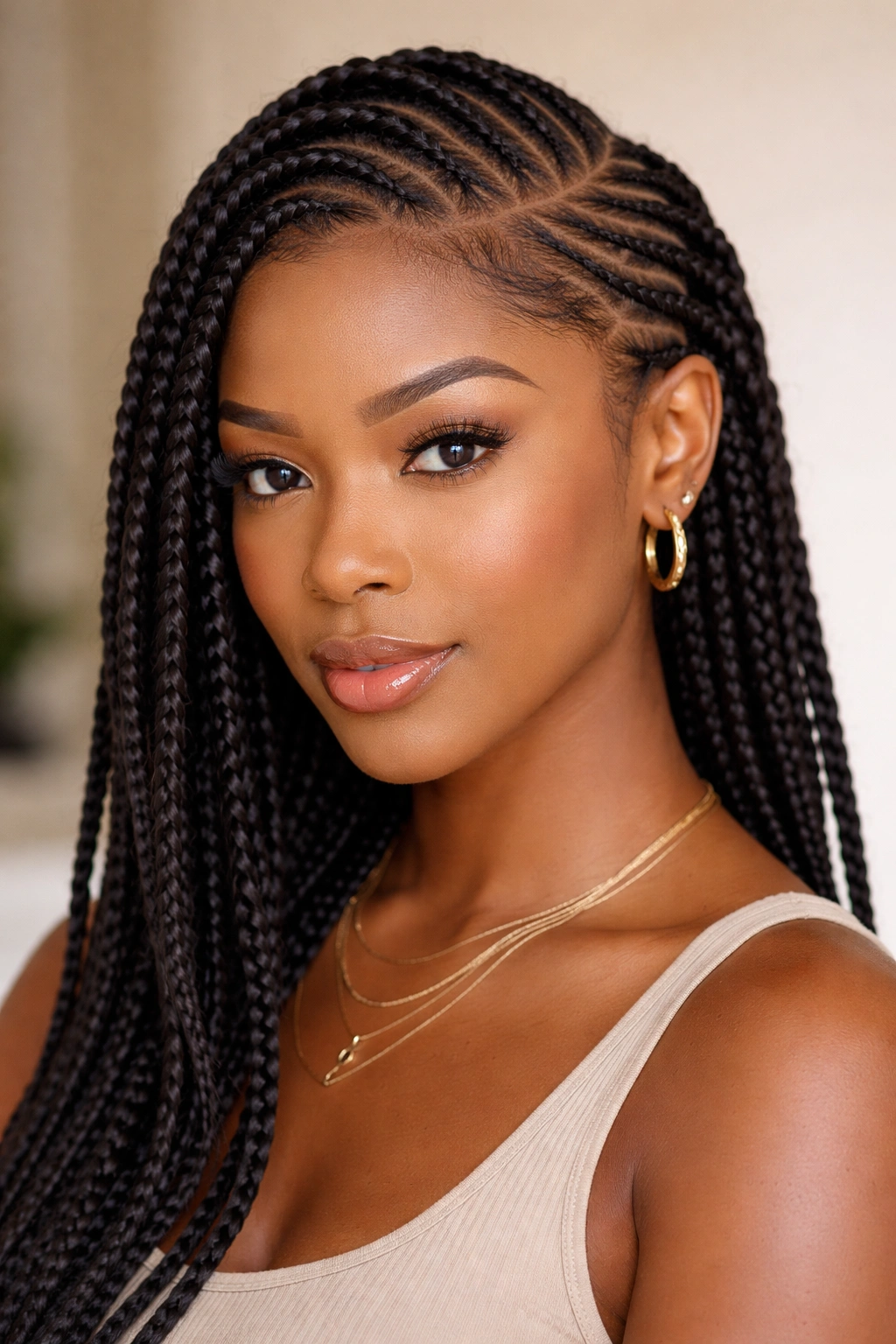 Asymmetrical feed-in cornrows with uneven sides and thickness.