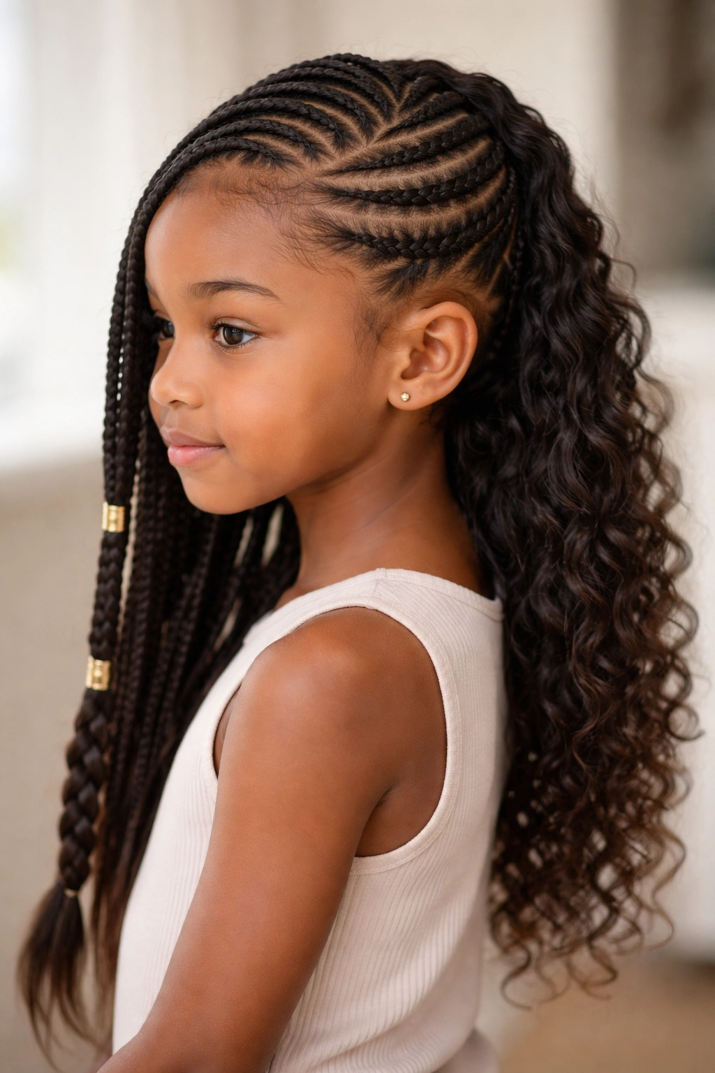 Child with asymmetrical cornrows and a long braid on the opposite side.