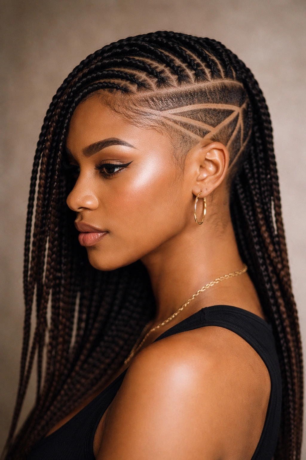 Three-quarter view of asymmetrical cornrows with shaved design on the opposite side.