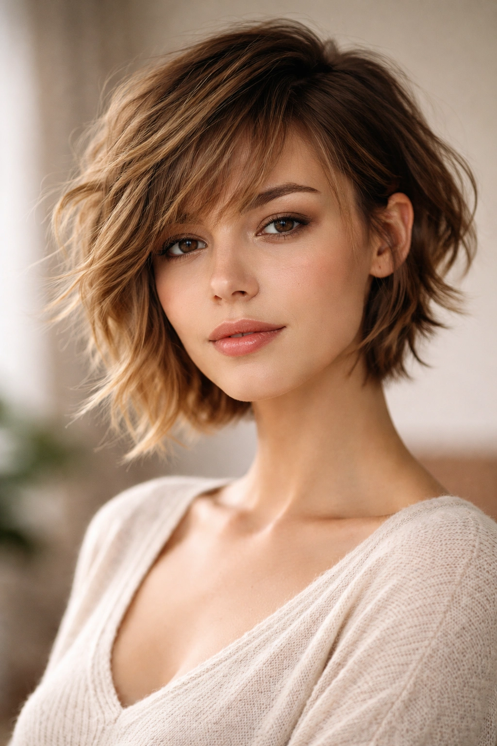 Asymmetrical crop hairstyle with feathered bangs showing differing lengths