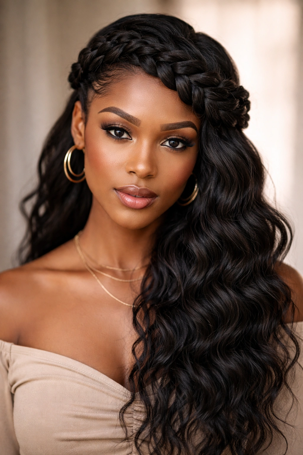 Asymmetrical crown braid with off-center curve on textured hair.