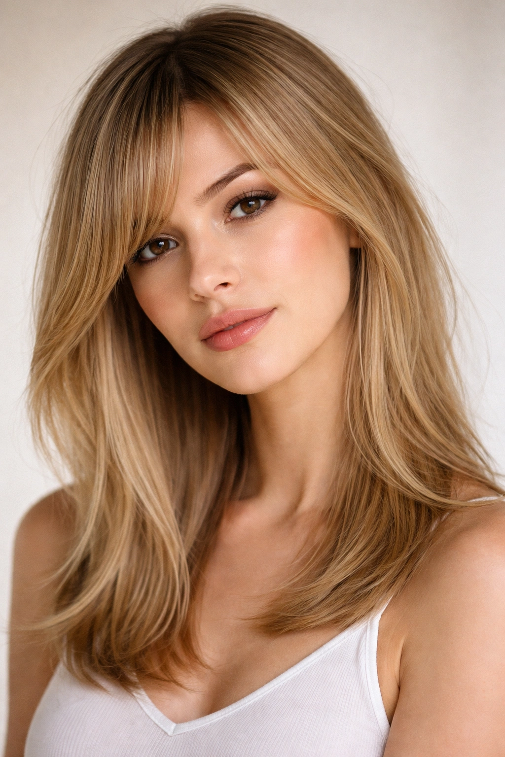 Close-up of asymmetrical curtain bangs with longer side and diagonal forehead movement.
