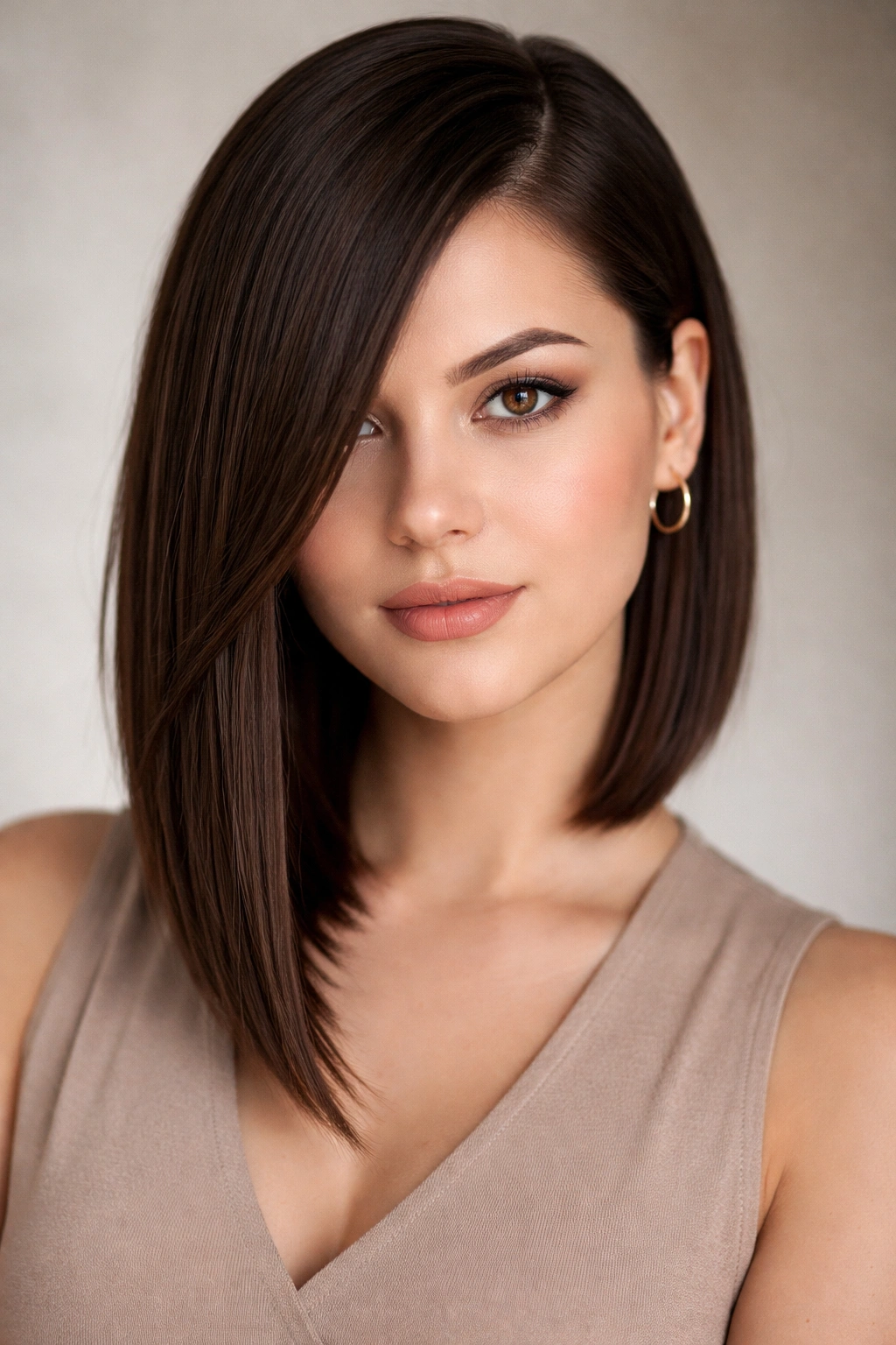 Portrait of a person with an asymmetrical cut featuring uneven lengths and a side part