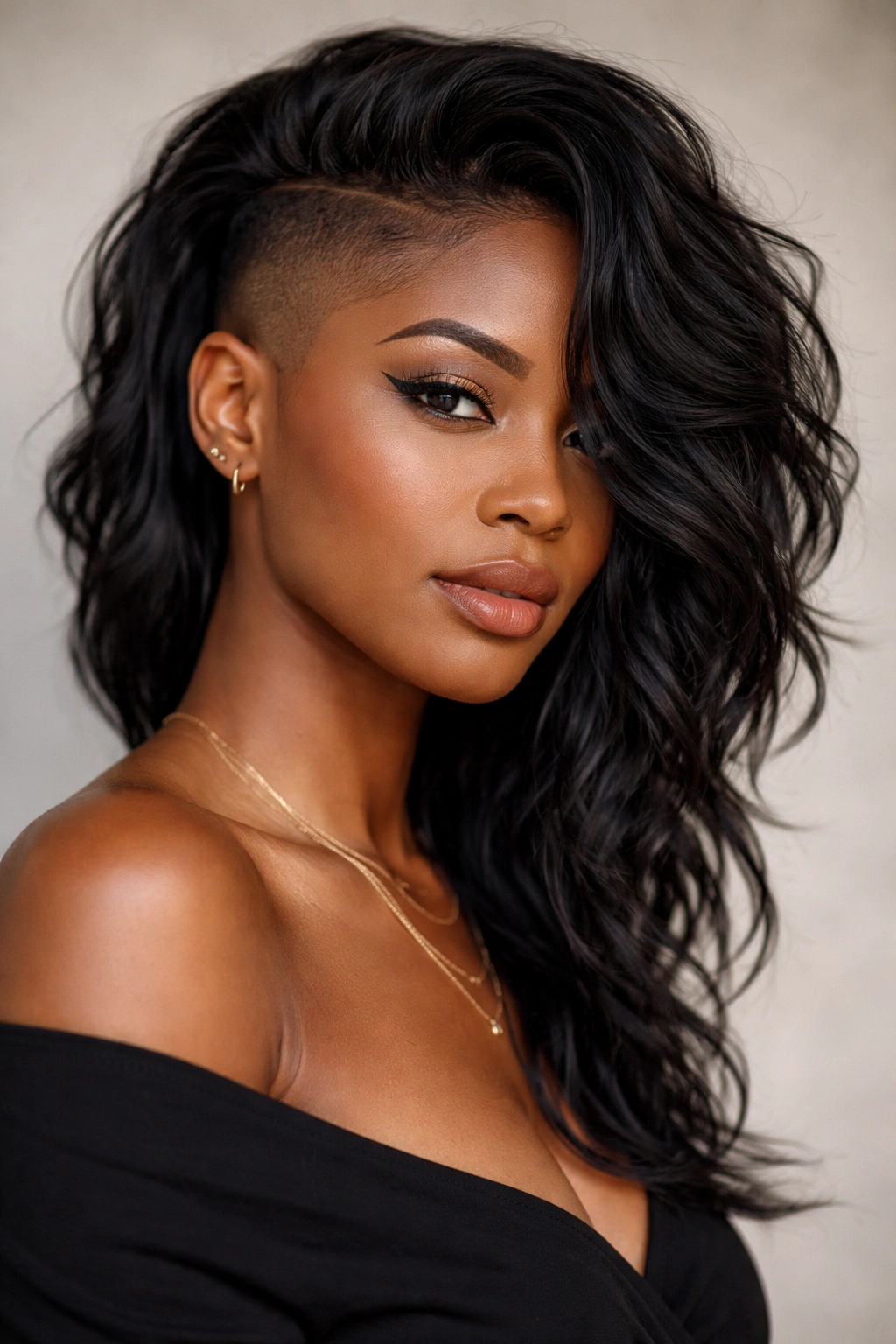 Asymmetrical layered cut with side shave and long textured waves