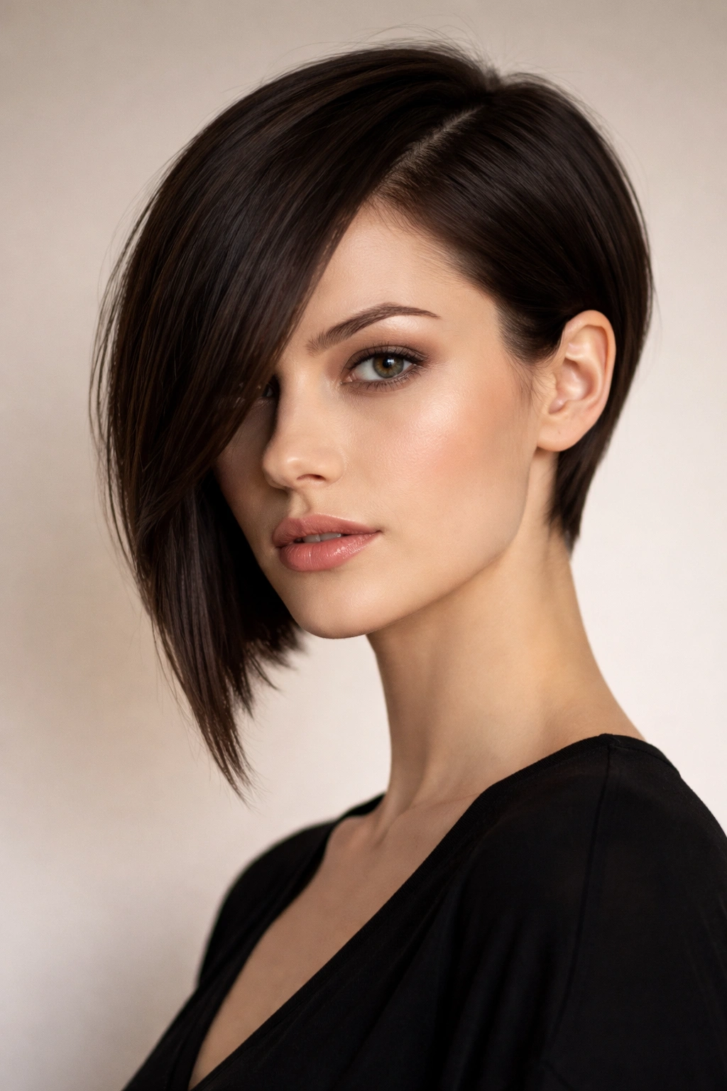 Portrait of a person with an asymmetrical cut: longer side opposite a shorter tapered side