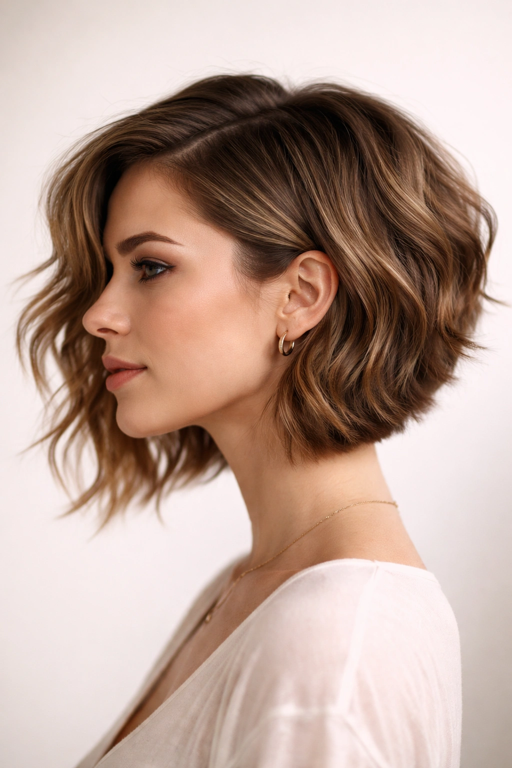 Profile view of an asymmetrical wavy cut with uneven lengths and visible waves