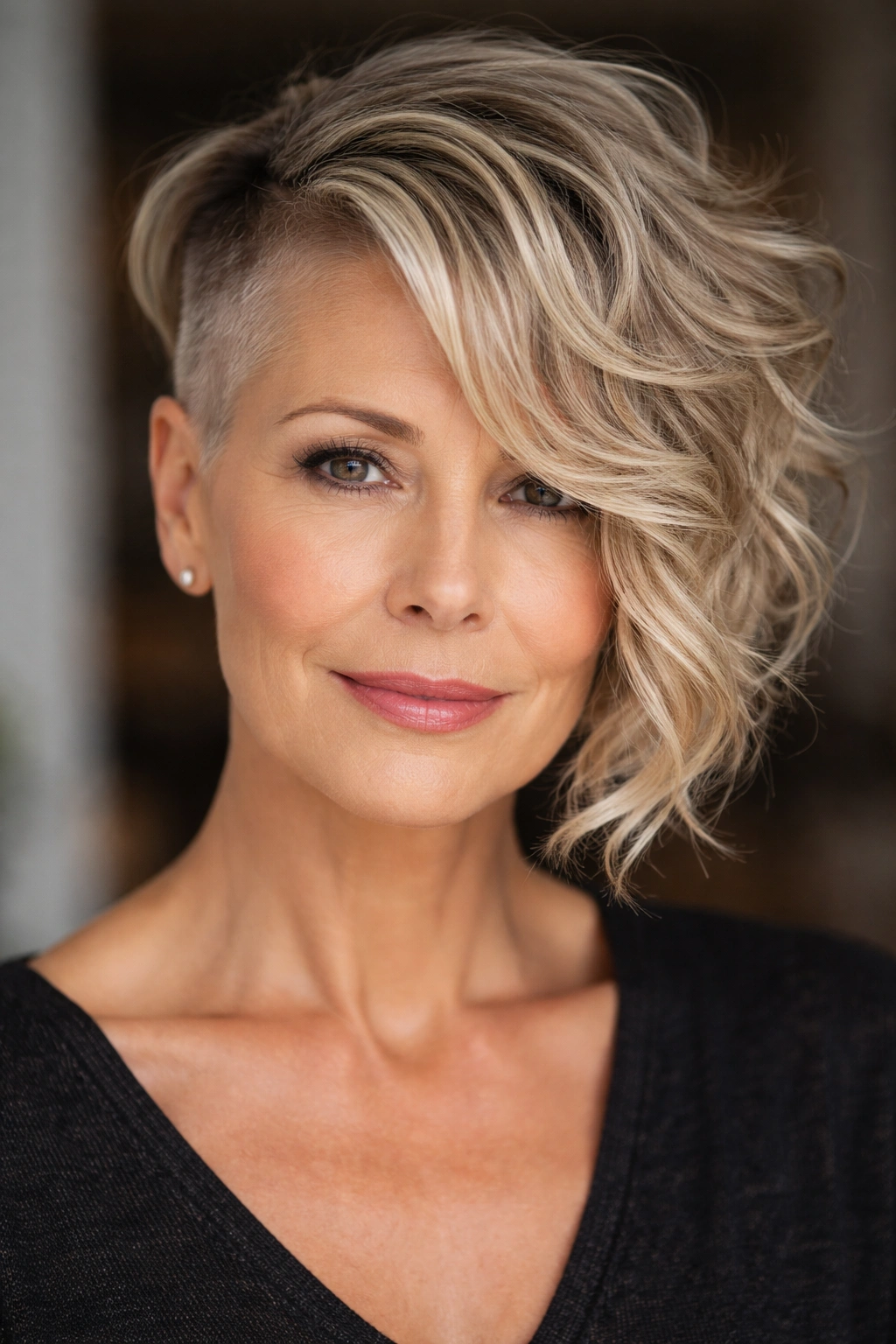 Portrait of an asymmetrical cut with shorter textured side and longer wavy side