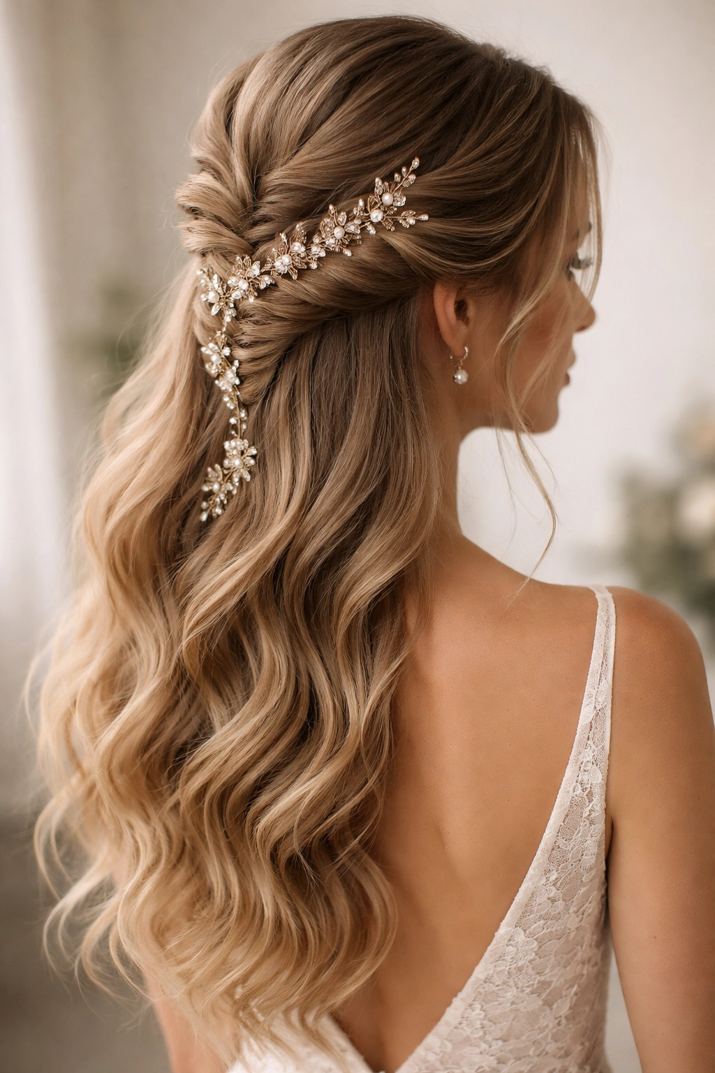 Off-center fishtail half up with embellished pins