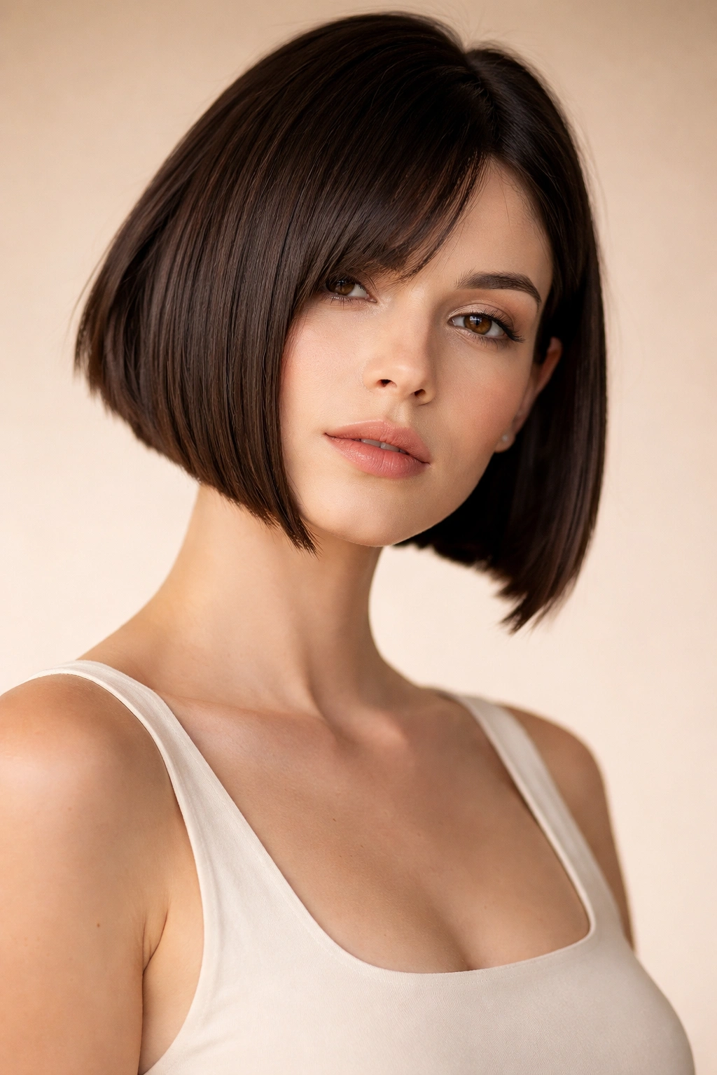Asymmetrical French bob cut with a clearly shorter side on straight hair.